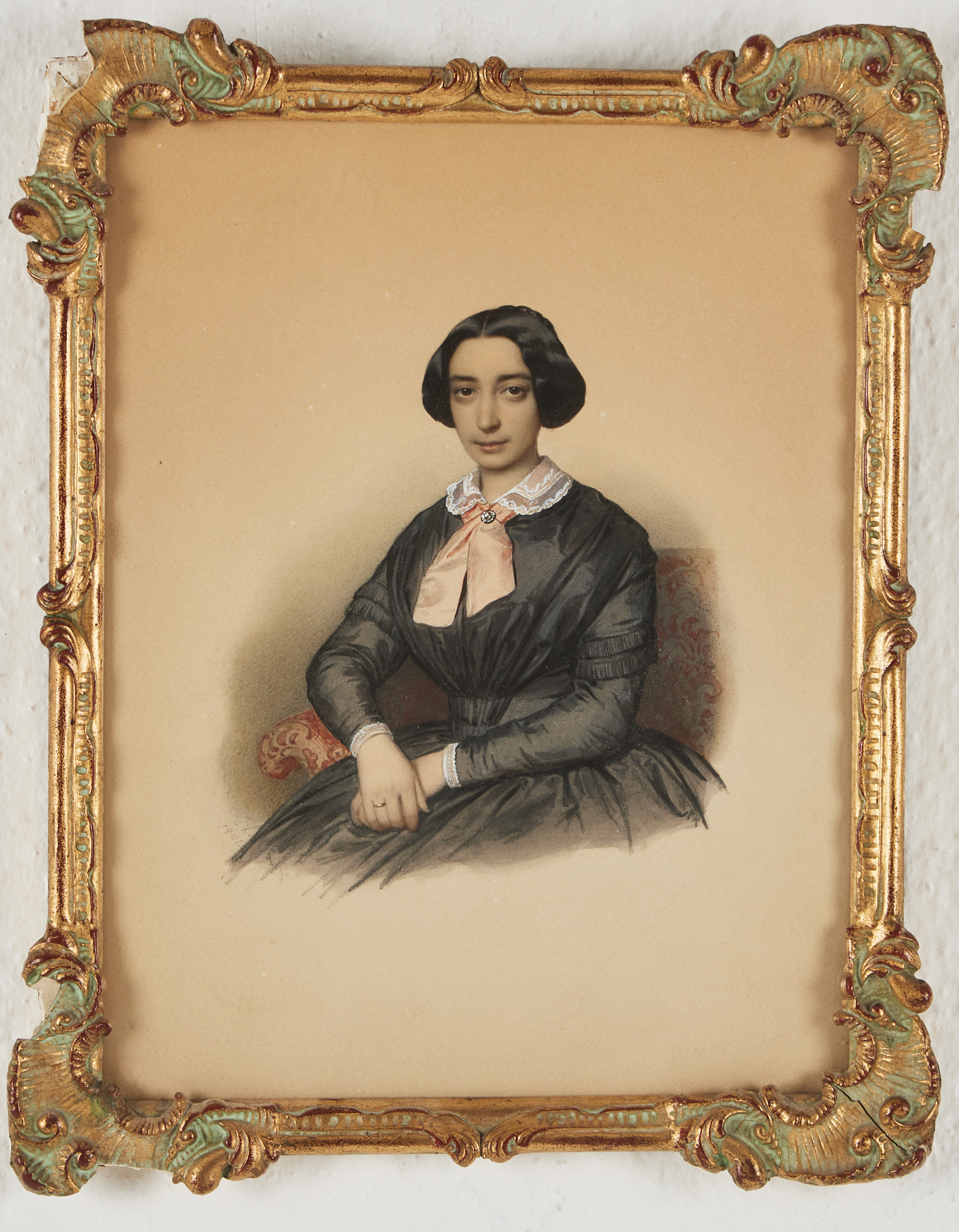 EDVARD LEHMANN (DAN 1815-1892). Porträtt av en kvinna, blyerts, akvarell med täckvitt på papper, monogramsignerad EL, 1851.