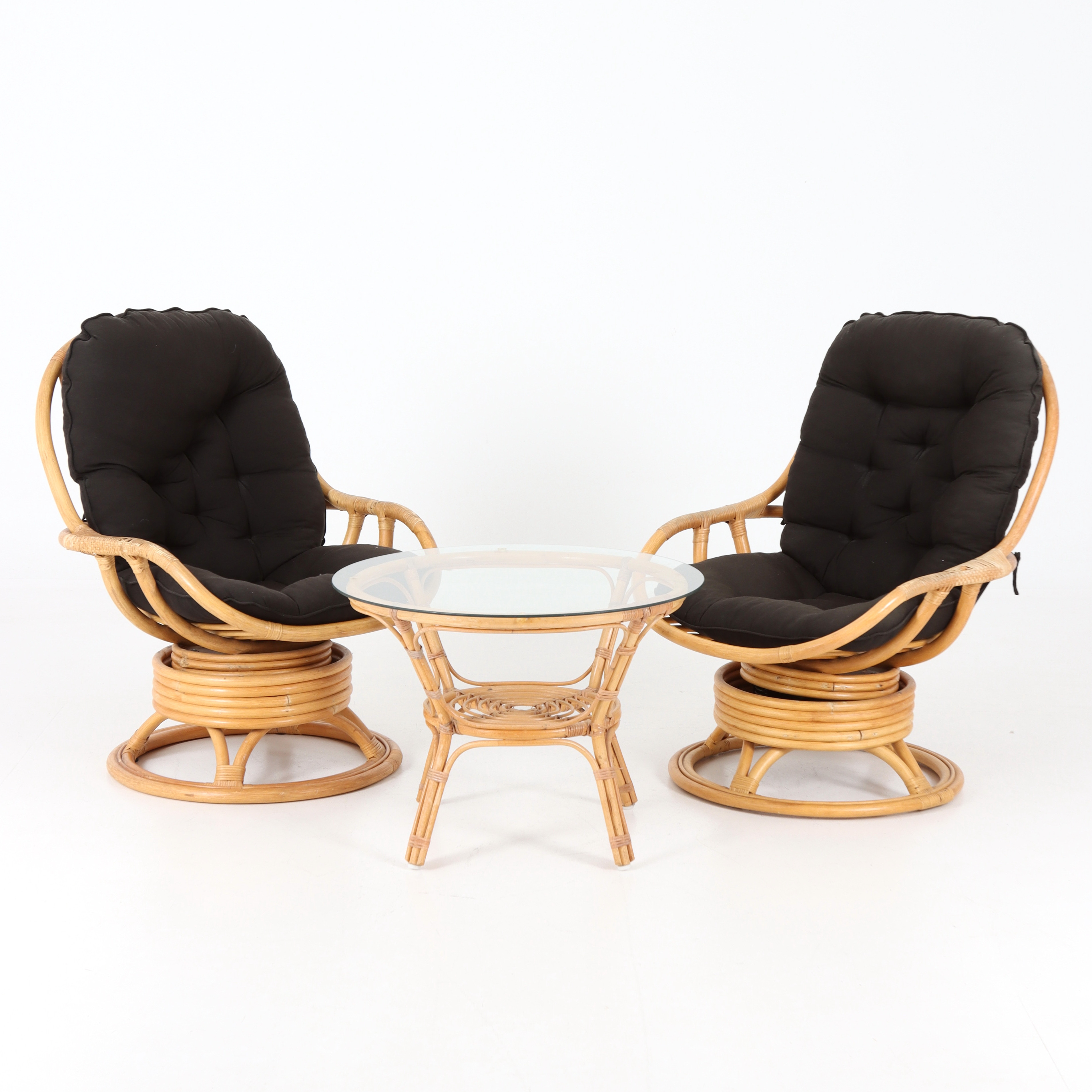 SNURRFÅTÖLJER, 2 st, BORD, bambu och rotting, 19/2000-tal.