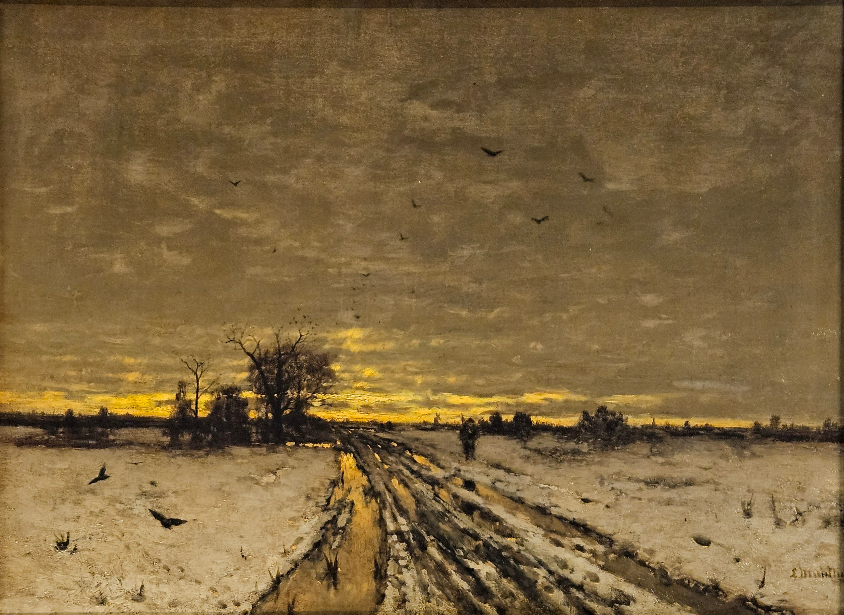 LUDWIG MUNTHE. Landskap med man och fåglar. Olja på duk, dubblerad, signerad L Munthe.