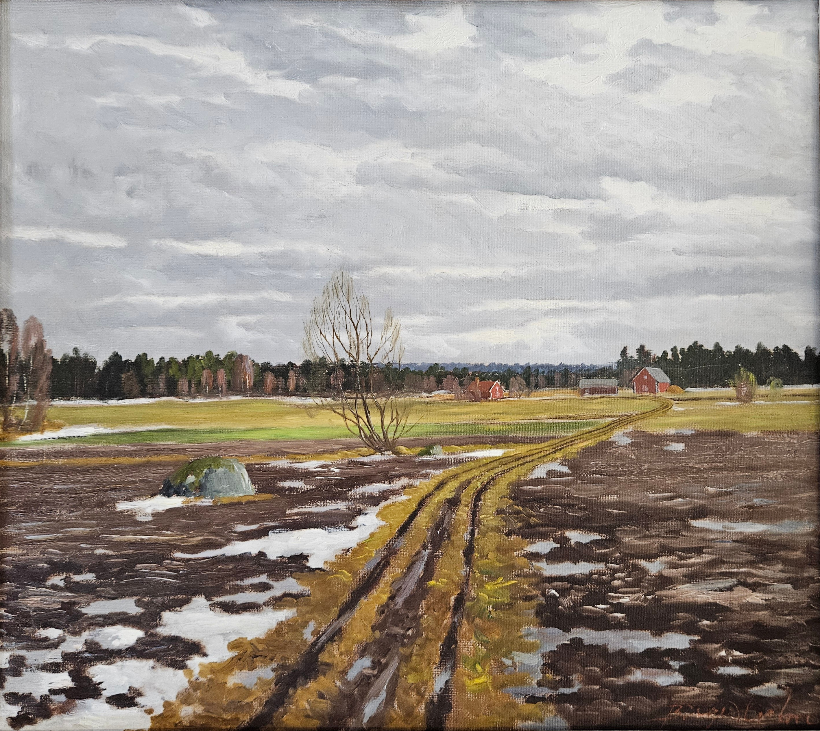 BIRGER HJELM. Vårmotiv från Varv. Olja på pannå, signerad Birger Hjelm, daterad a tergo 1944.