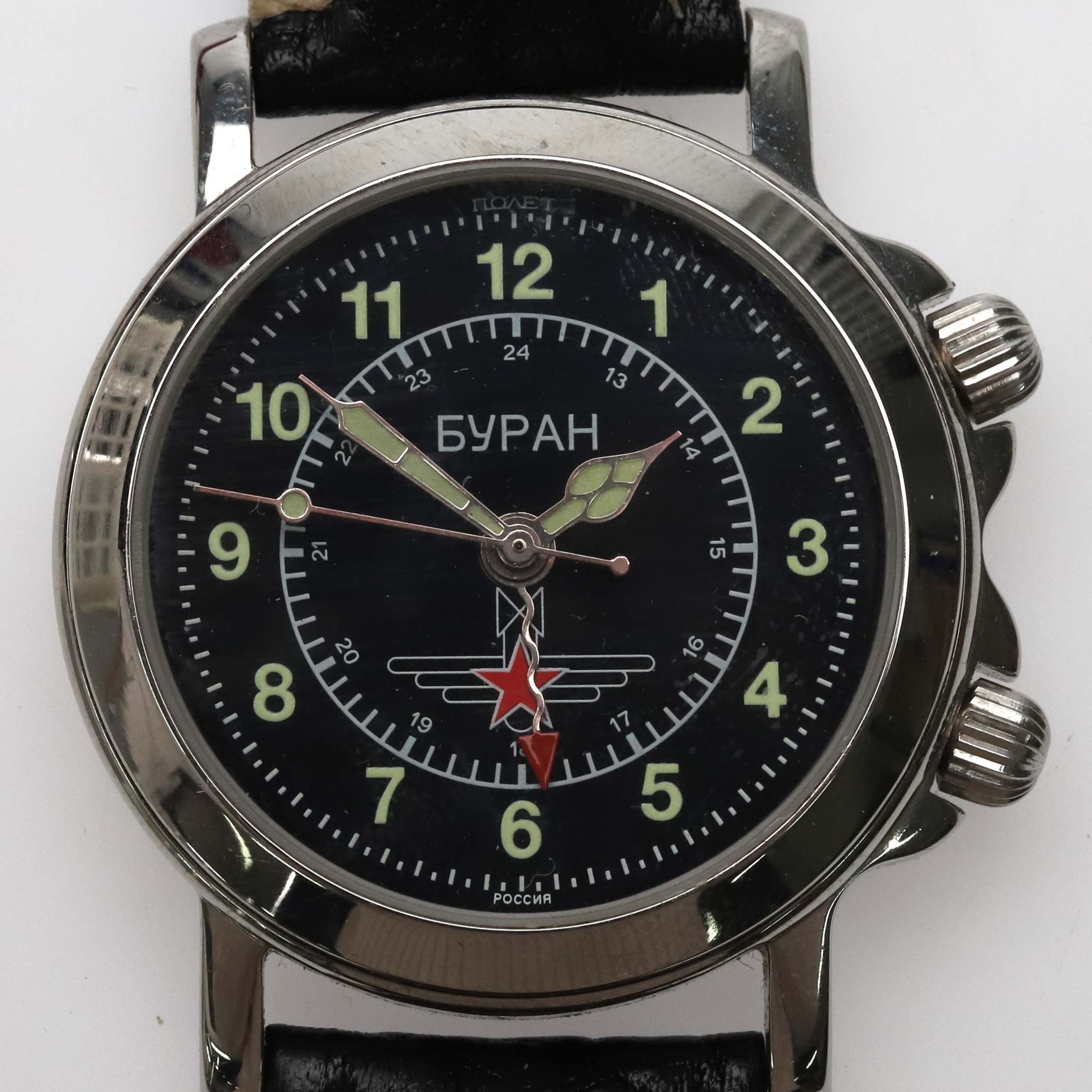 ARMBANDSUR. Stål med läderarmband, Poljot Buran, 18 jewels, manuell, limiterad, -1999.