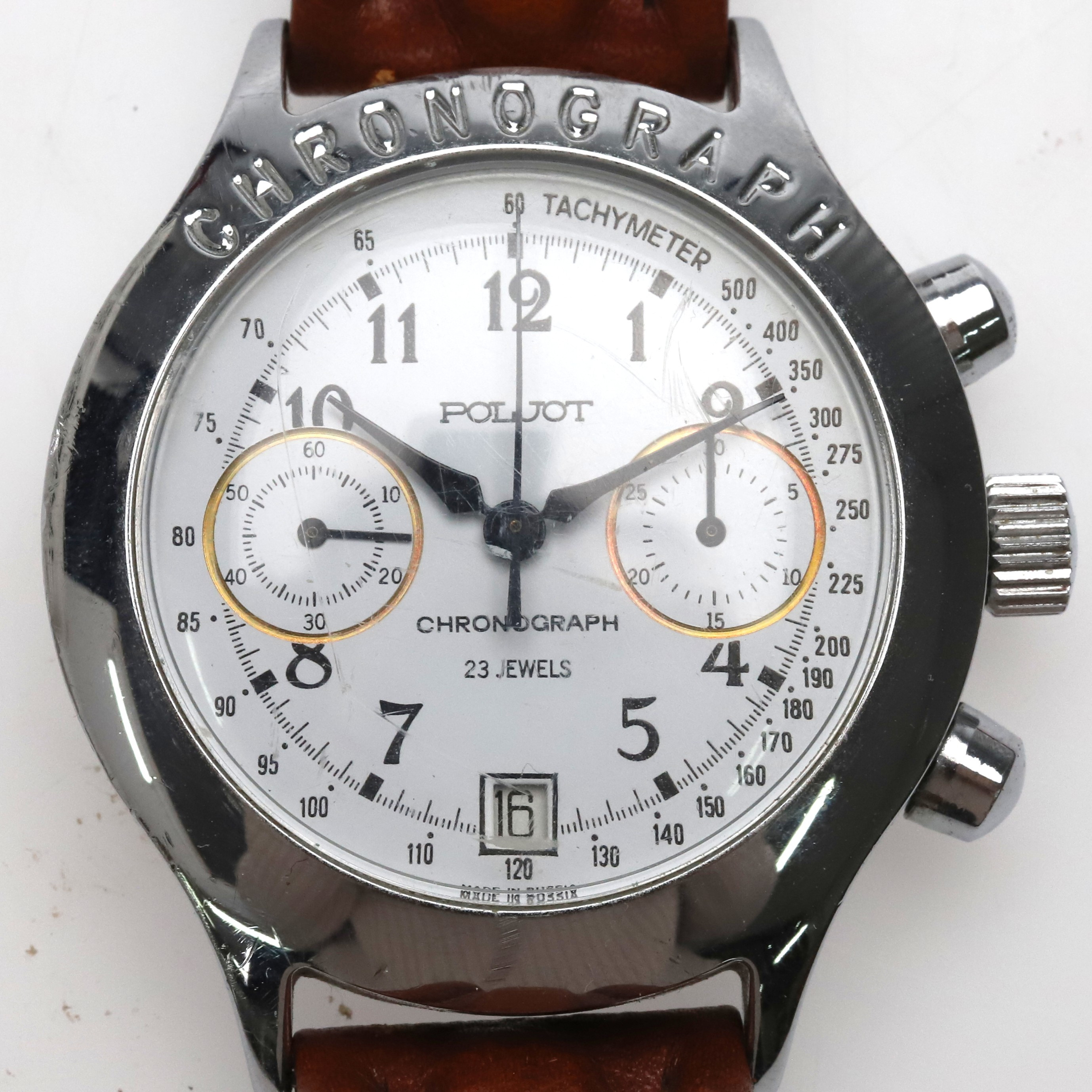 ARMBANDSUR. Stål med läderarmband. Poljot Chronograph 3133, manuell, 23 jewels.