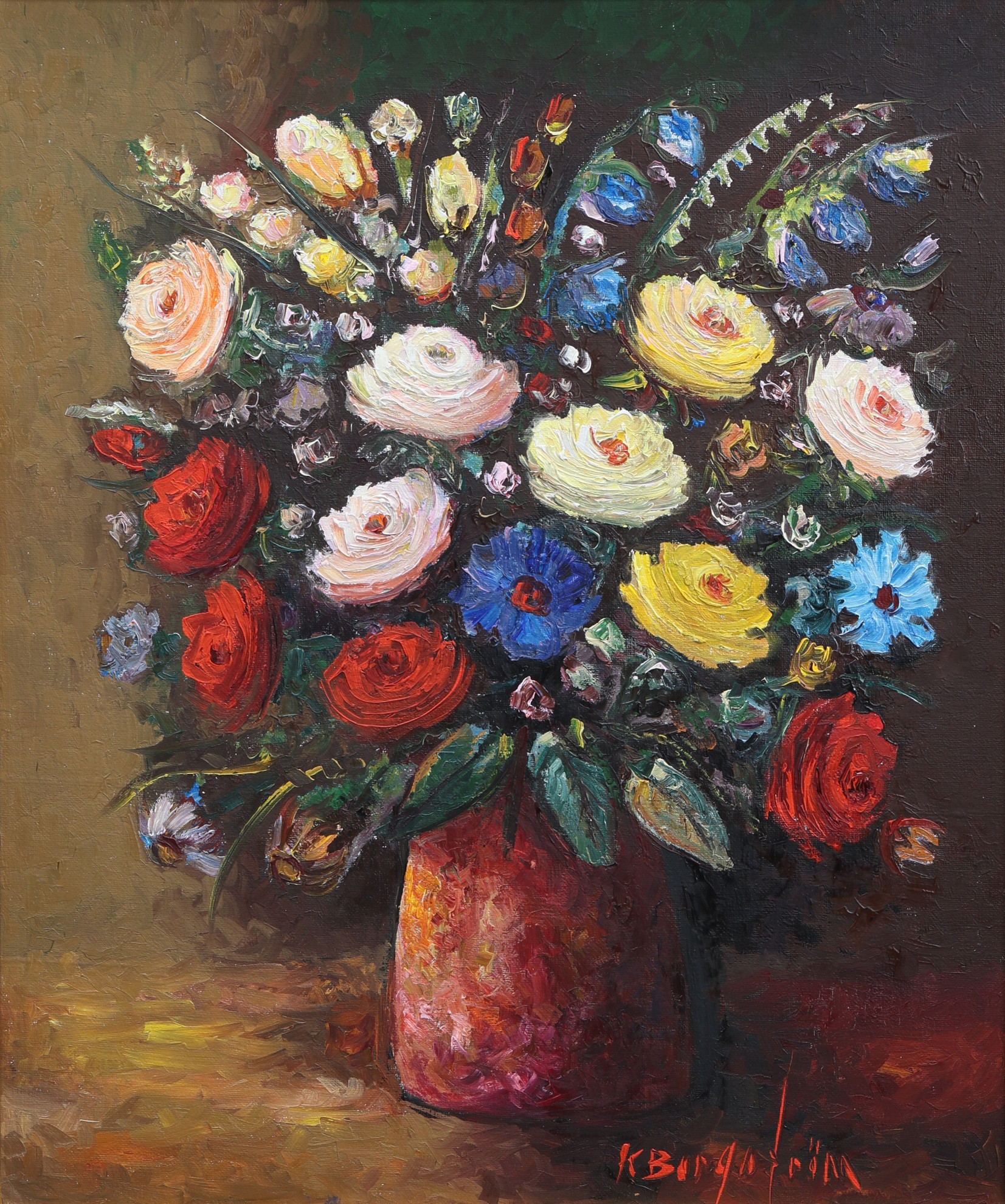 KARIN BORGSTRÖM. Olja på duk, blomsterstilleben, signerad.