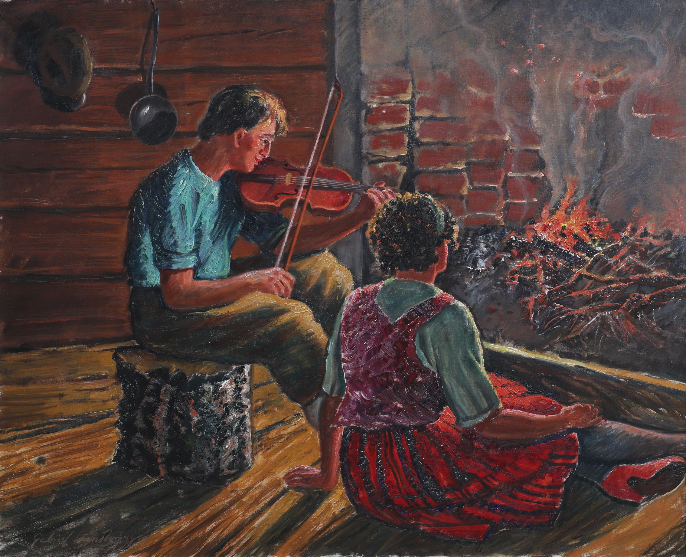 ERIK STRANDBERG, Olja på duk, motiv av, mys framför brasan, signerad. ERIK STRANDBERG 1947.