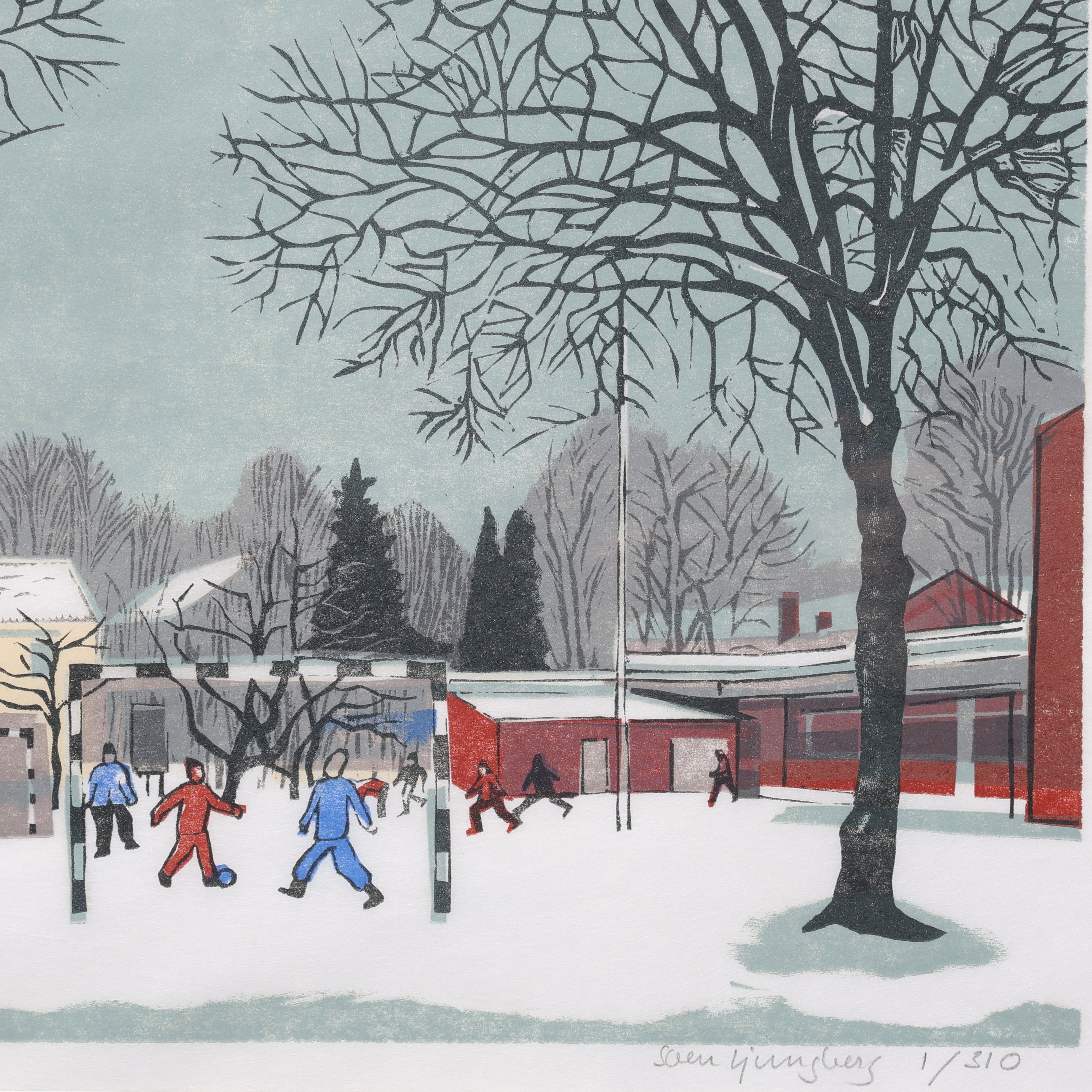SVEN LJUNNGBERG. Träsnitt, "Skolgården", signerad, numrerad 1/310.