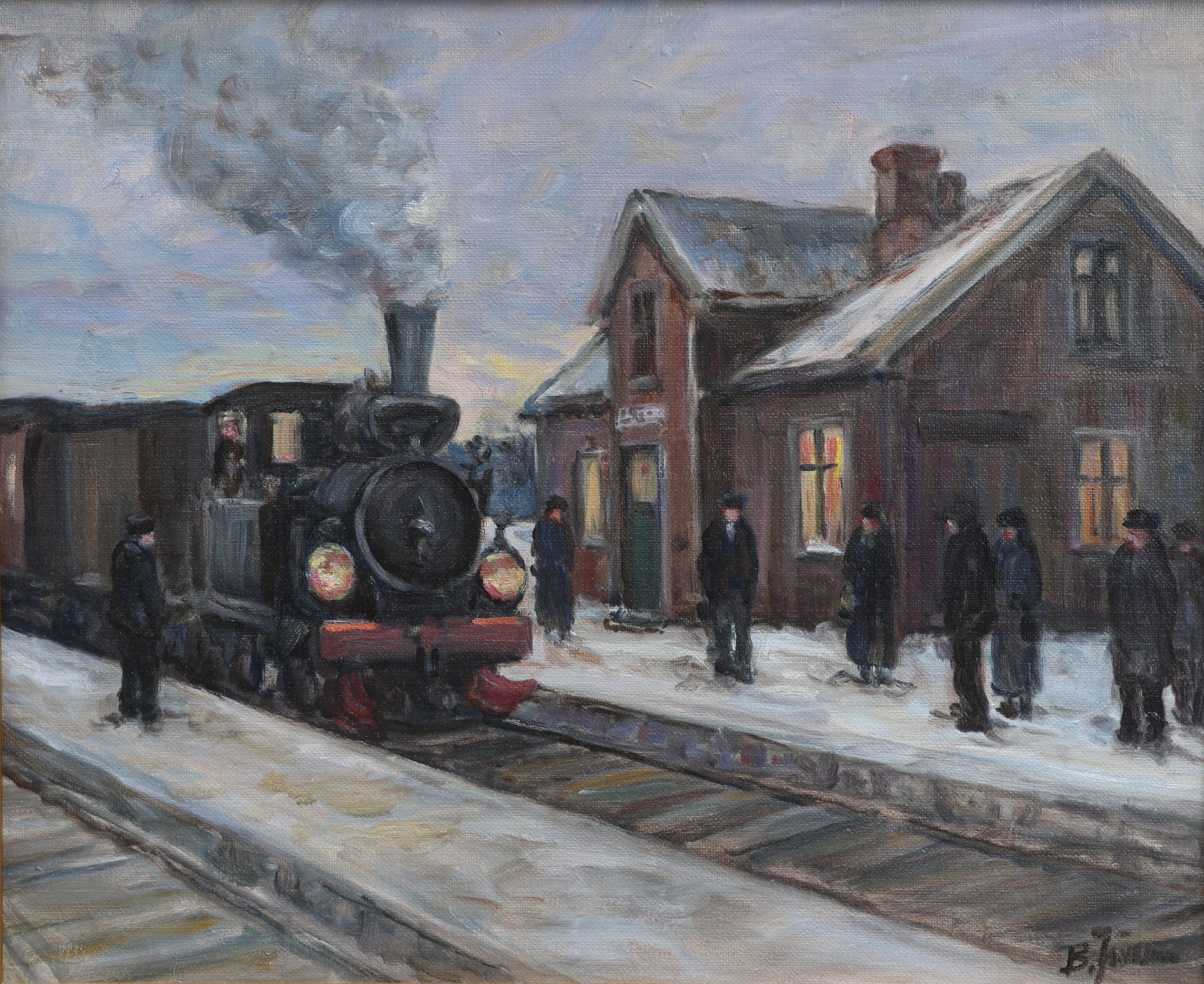 BROR JÖNSSON. Olja på duk, motiv av tågstation, signerad.