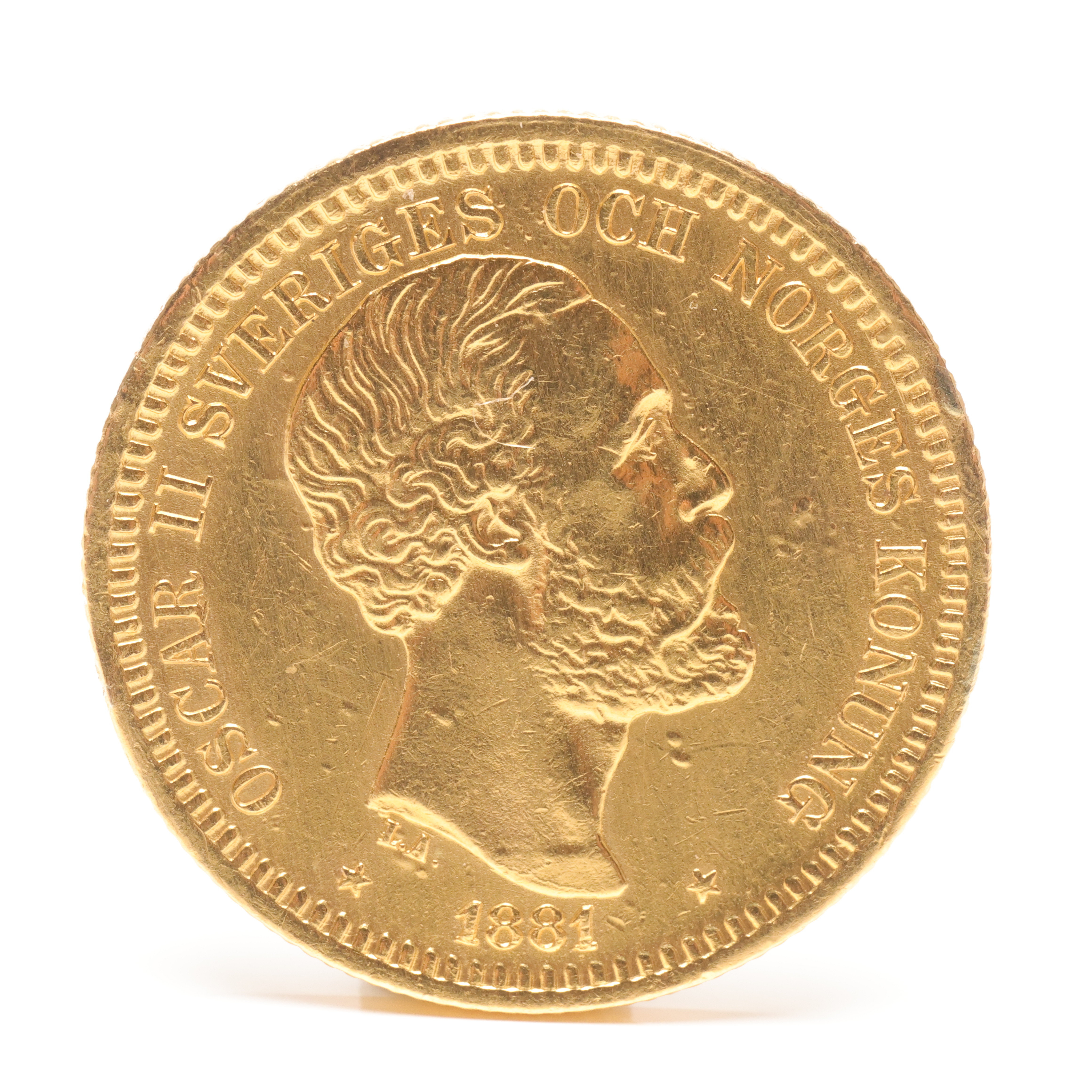 MYNT, 20 kronor, guld 21,6 K, Oscar II, Sverige, 1881.