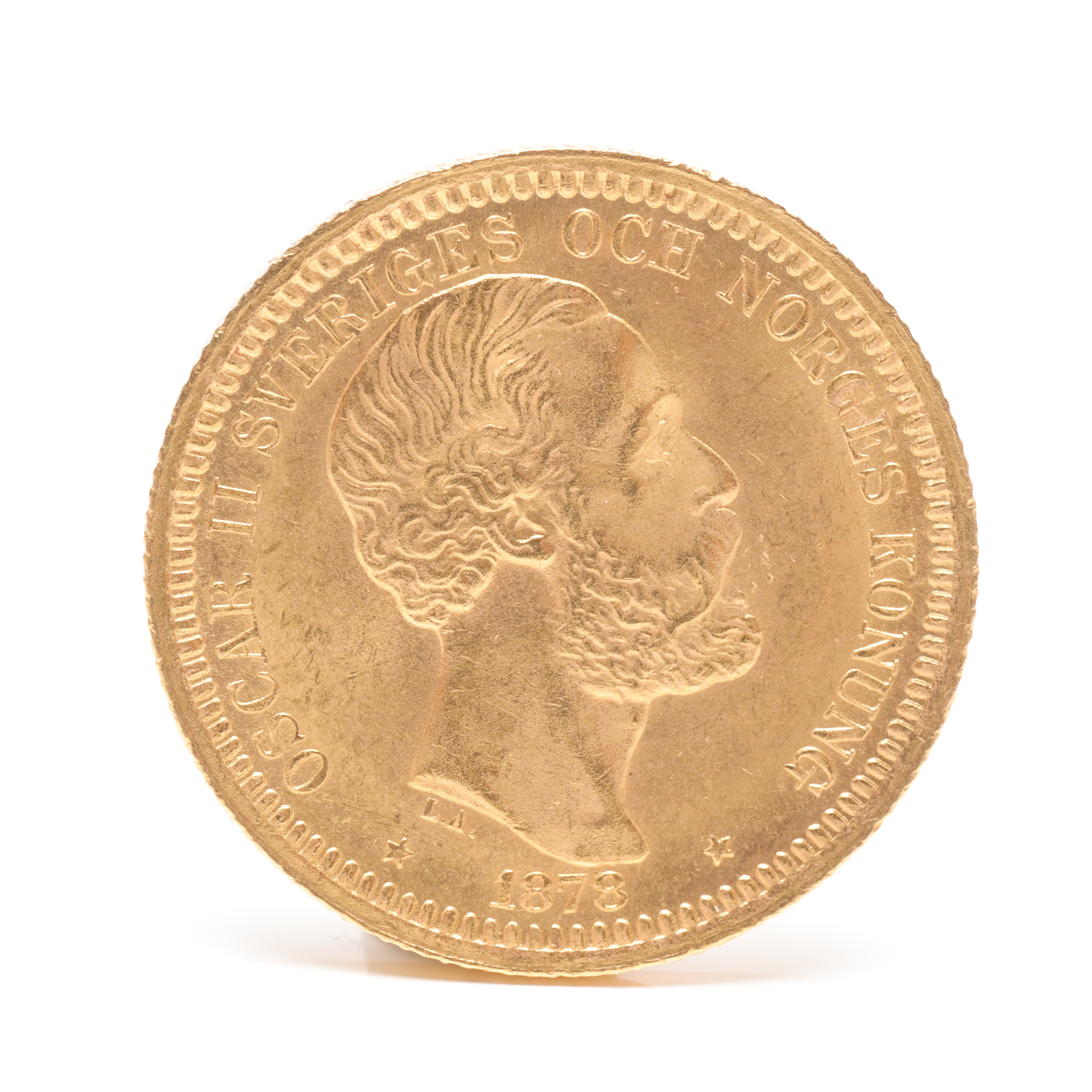 MYNT, 20 kronor, guld 21,6 K, Oscar II, Sverige, 1878.