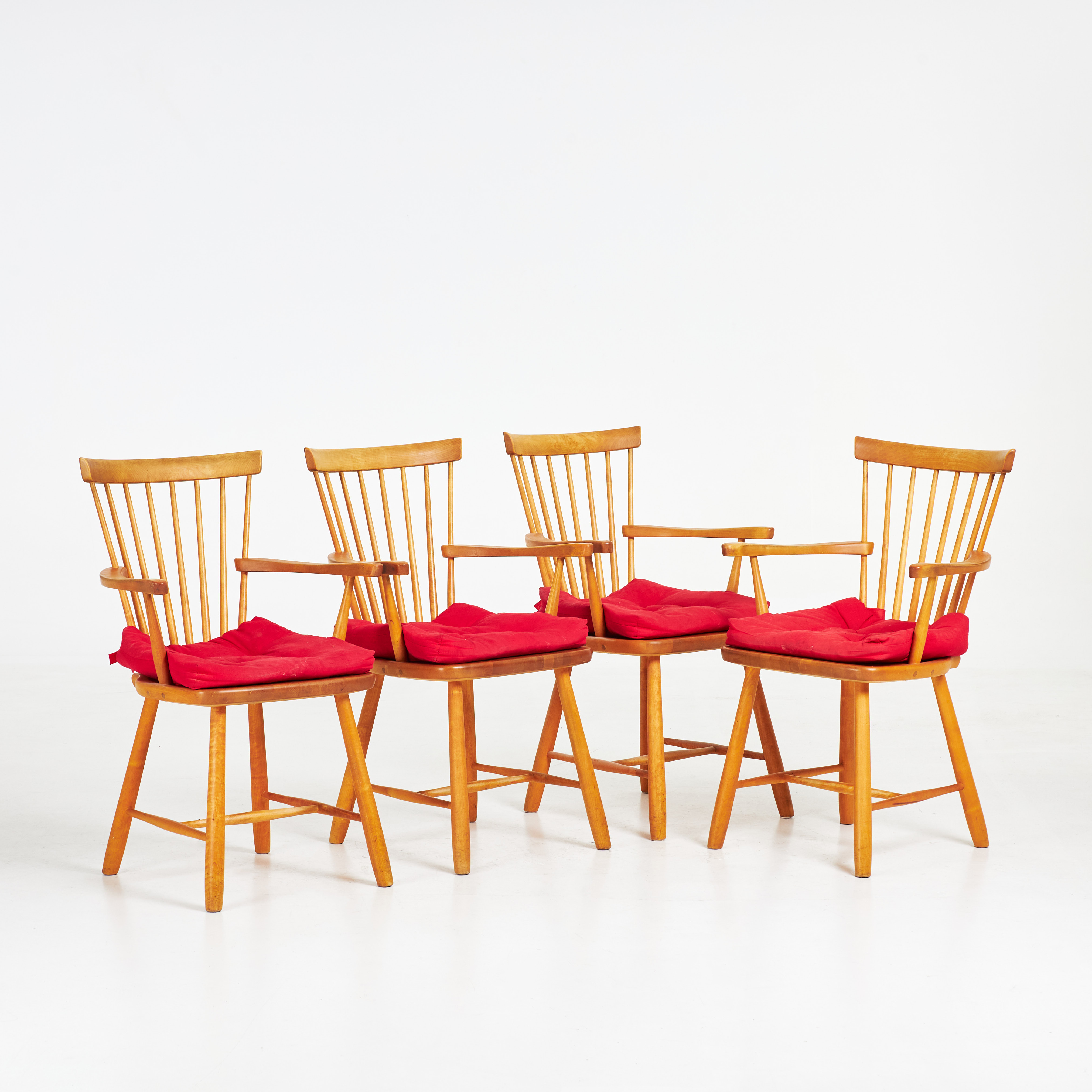 CARL MALMSTEN. 4 st, karmstolar, Lilla Åland, Stolab, 1991, björk, stoppade dynor i rött linne.