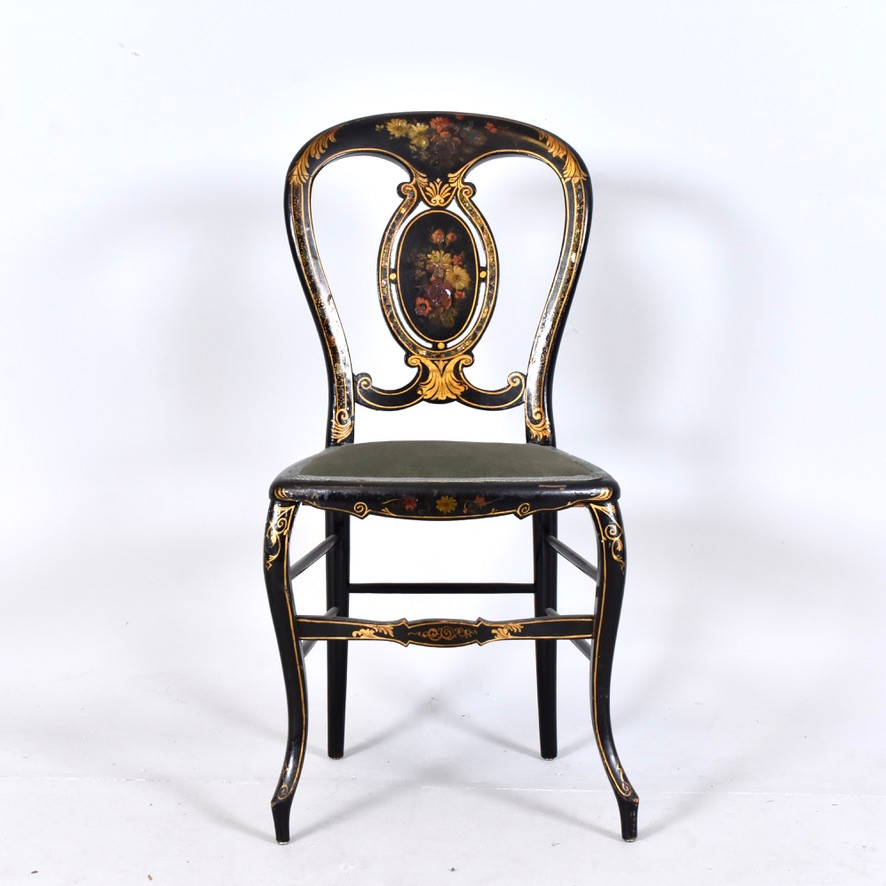 STOL; svartlackerat trä, Viktoriansk, 1800-talets mitt.