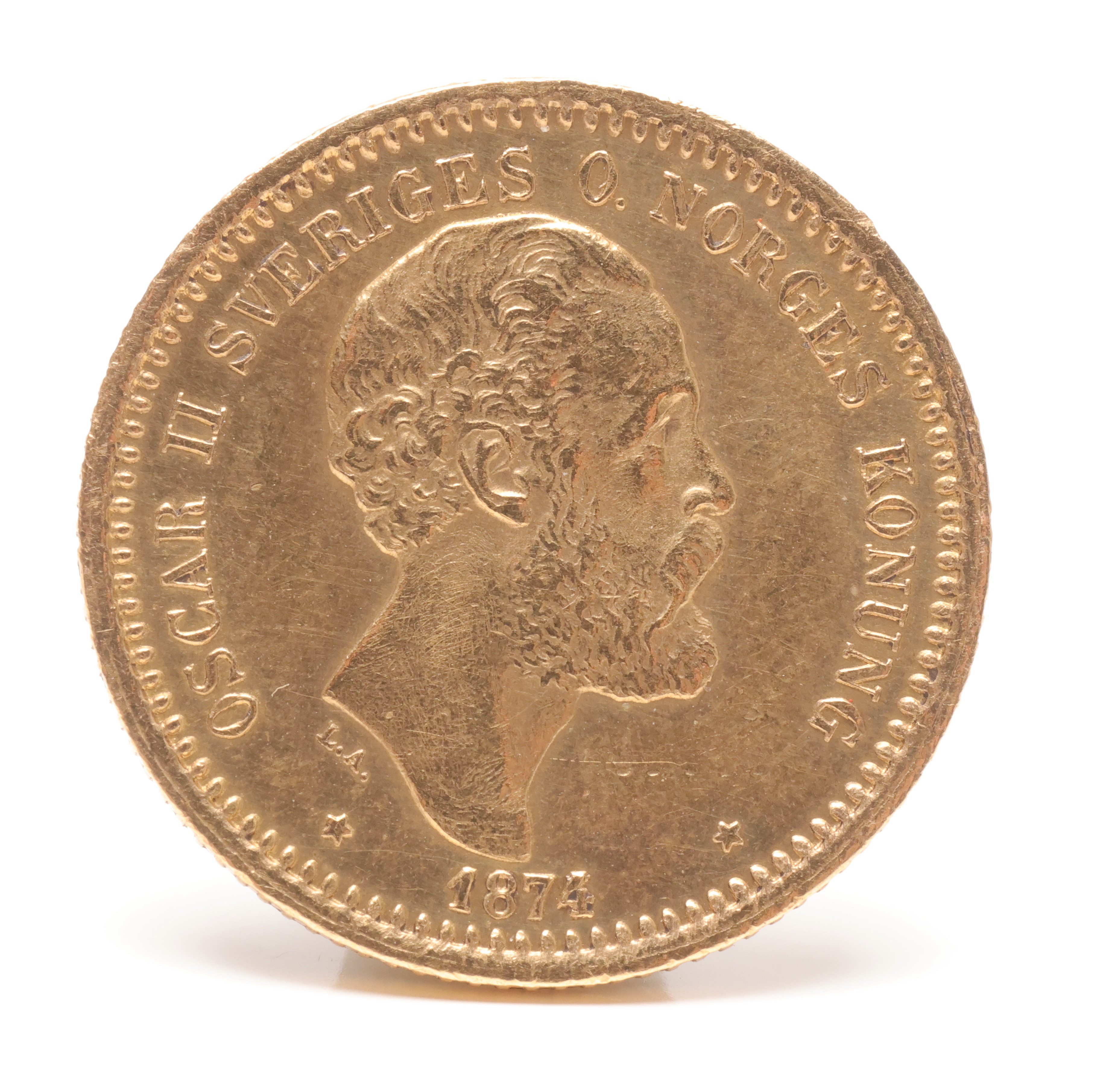 GULDMYNT, 10 kronor, Oscar II, 1874.