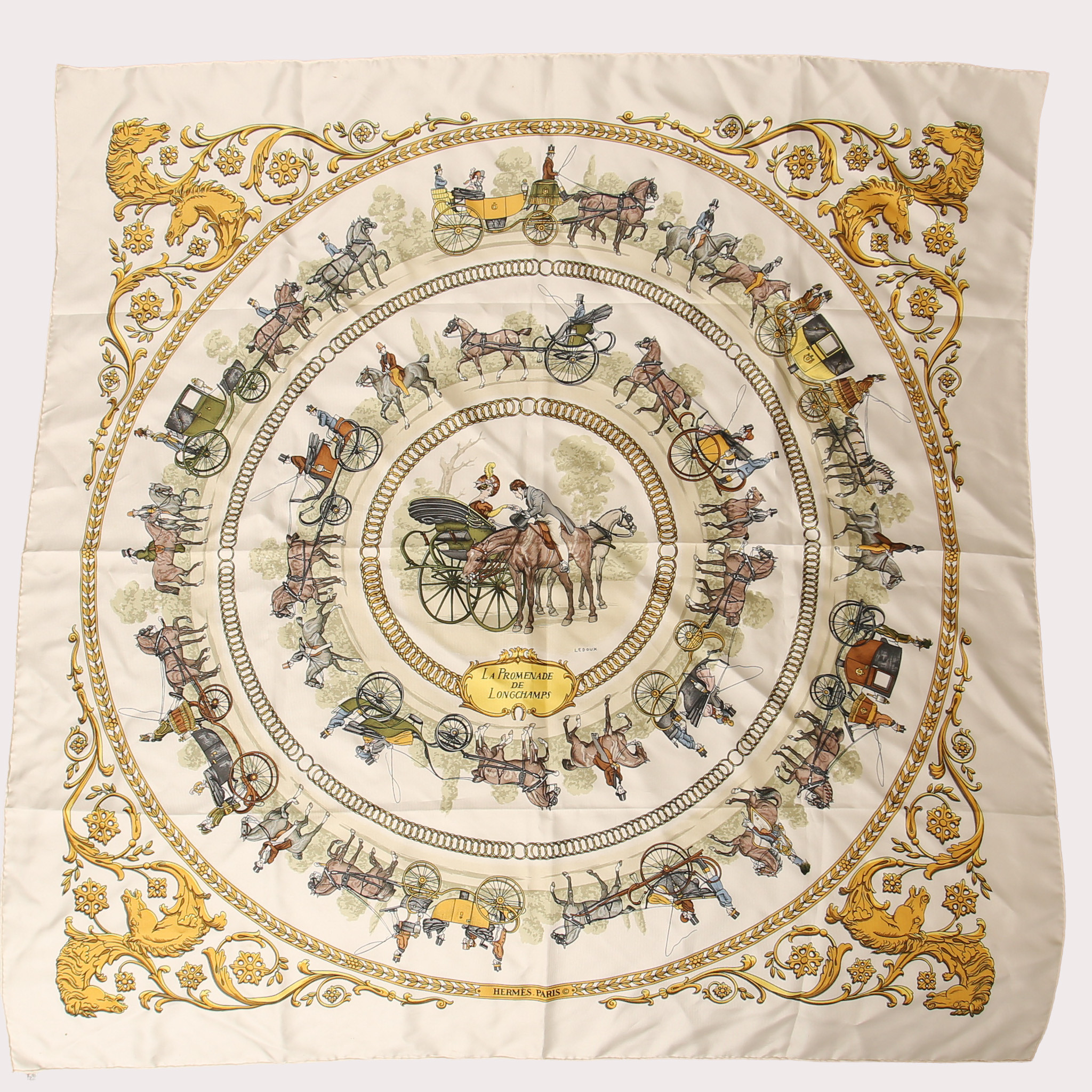 HERMÈS, scarf, siden, design Philippe Ledoux. La Promenade De Longchamps, mönstret skapat år 1966.