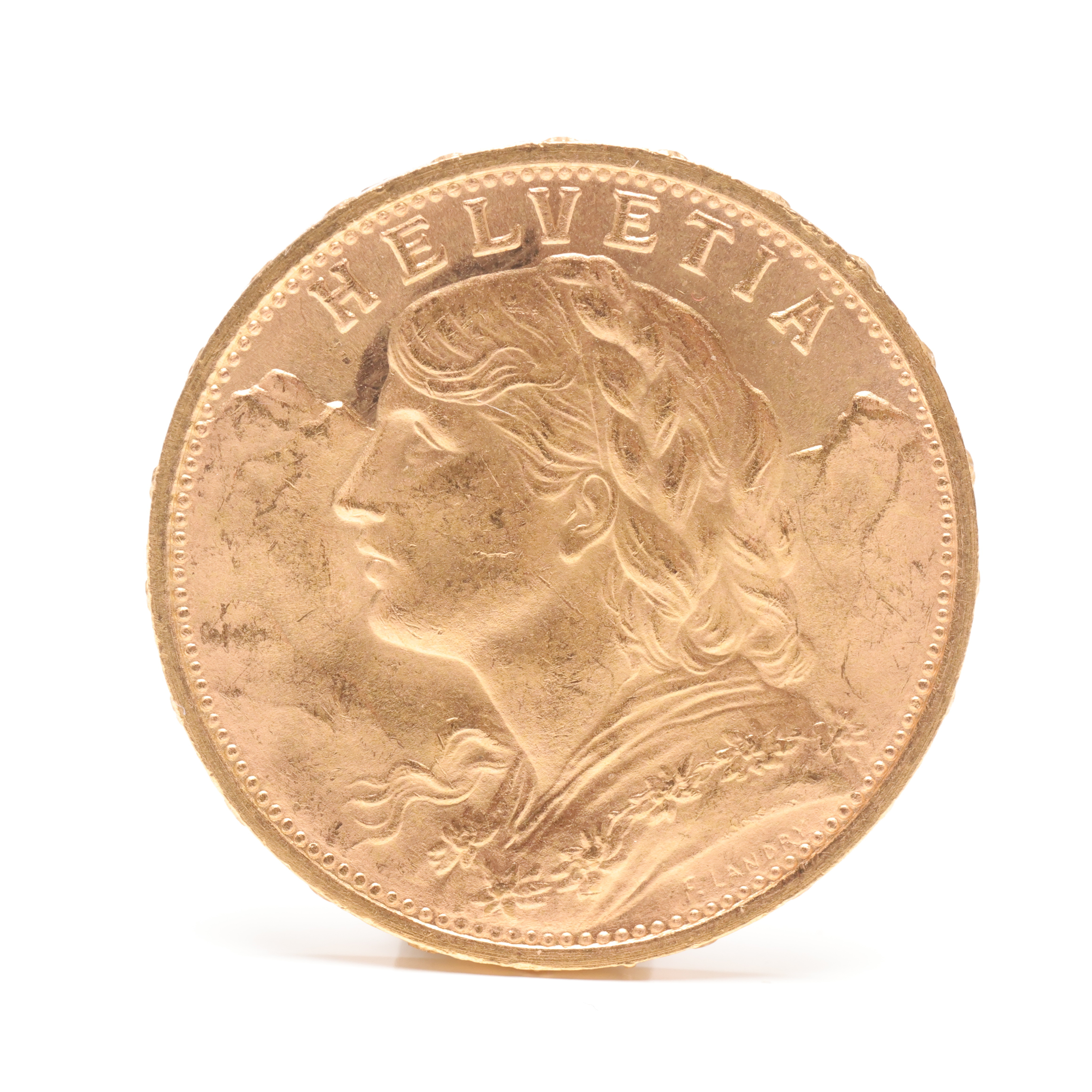 MYNT, 21,6 k guld, 20 franc, Schweiz Helvetia, 1930.