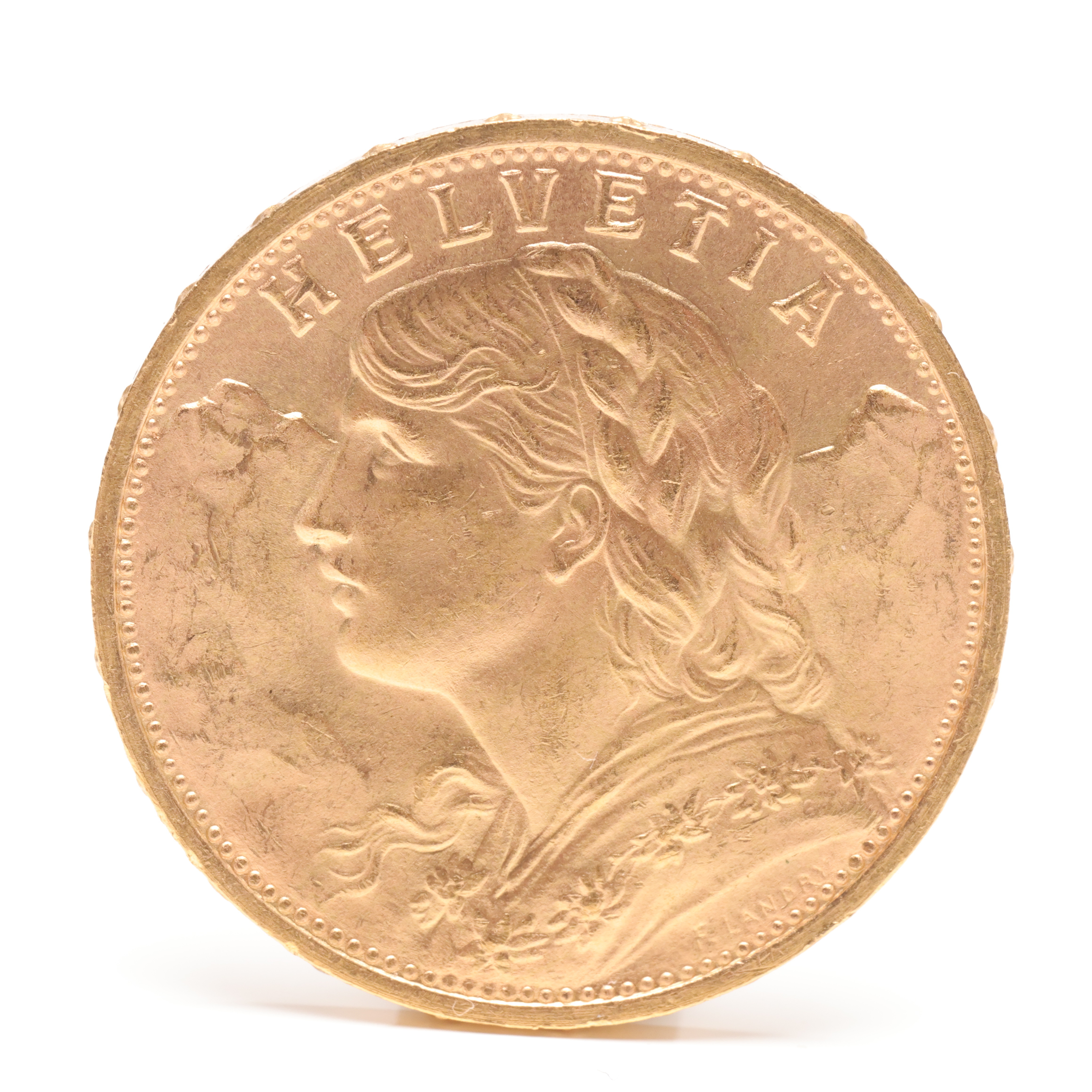 MYNT, 21,6 k guld, 20 franc, Schweiz Helvetia, 1930.