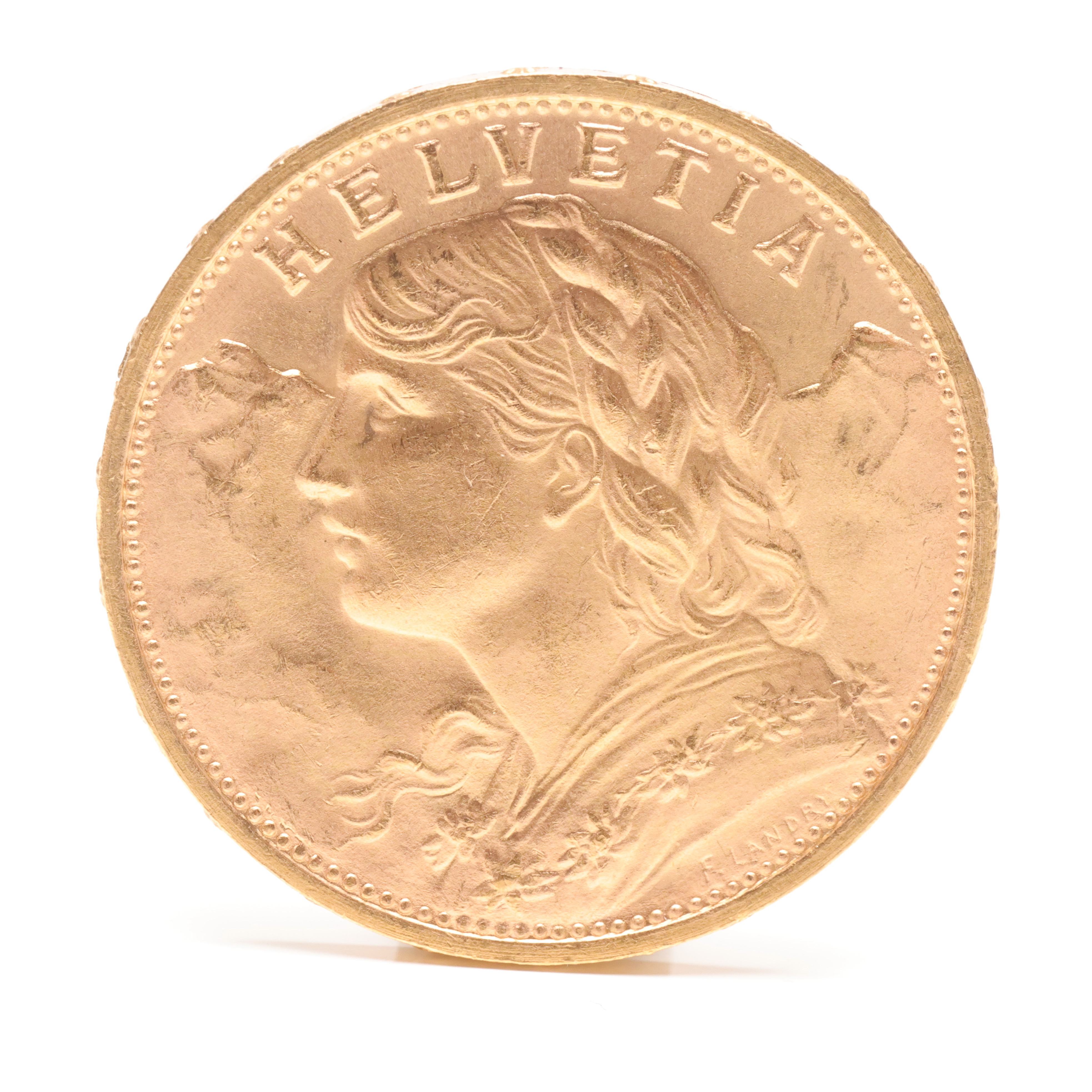 MYNT, 21,6 k guld, 20 franc, Schweiz Helvetia, 1930.