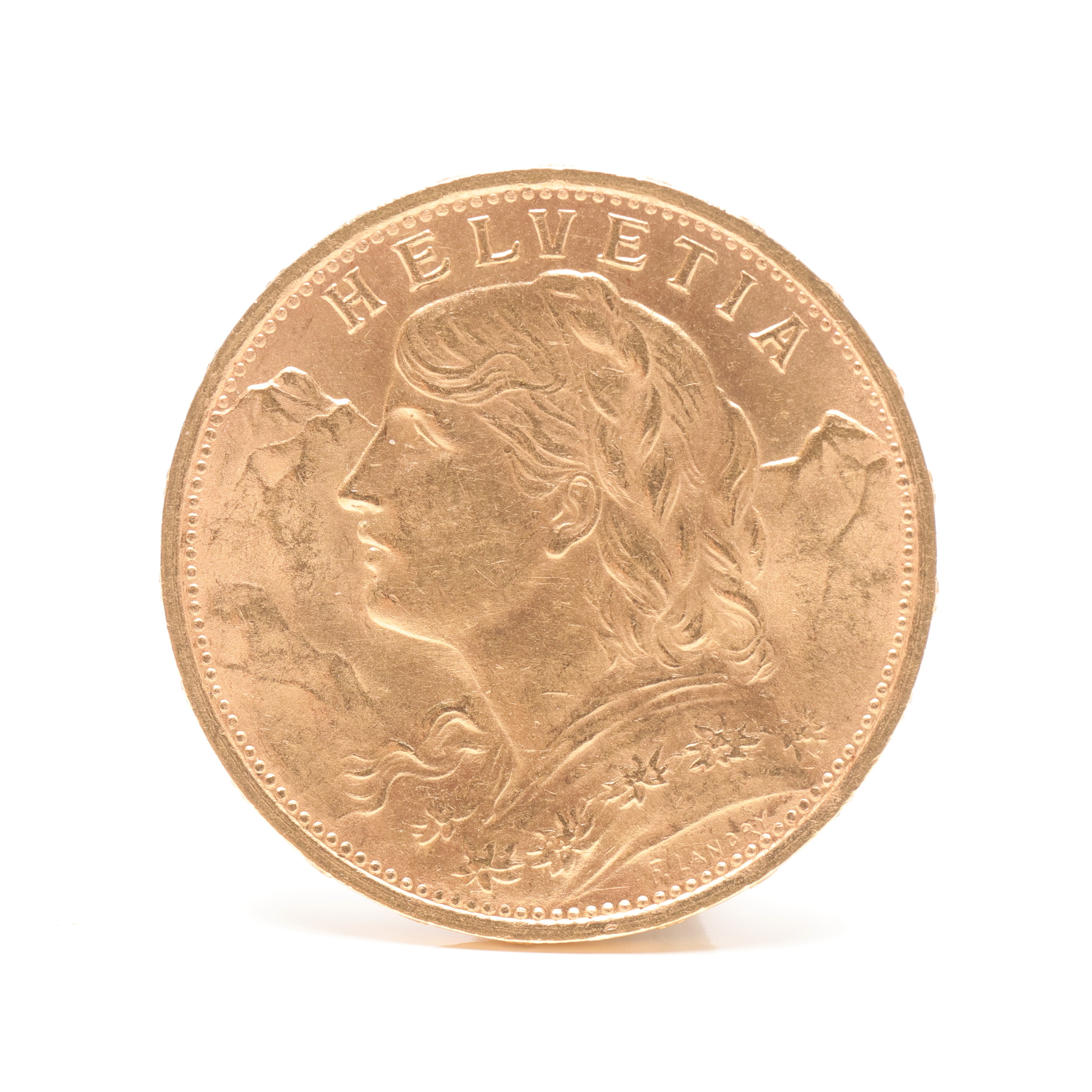 MYNT, 21,6 k guld, 20 franc, Schweiz Helvetia, 1922.