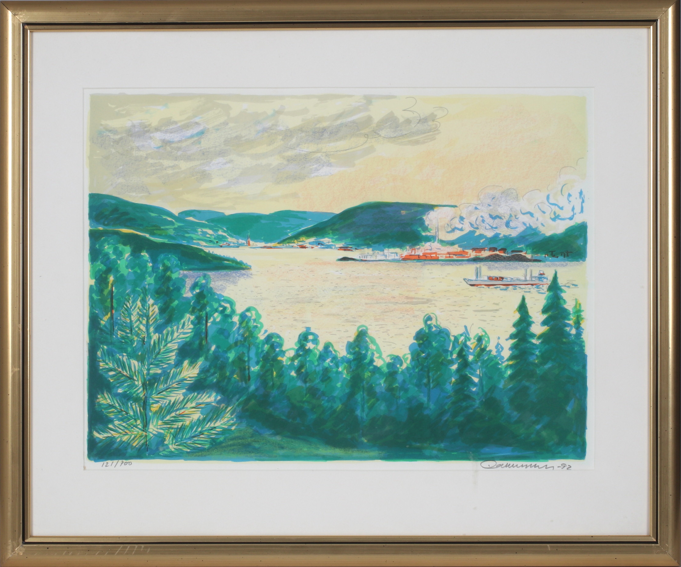 EINAR WENNBERG. Vy mot Sundsvall, färglitografi, signerad och numerad 121/700.