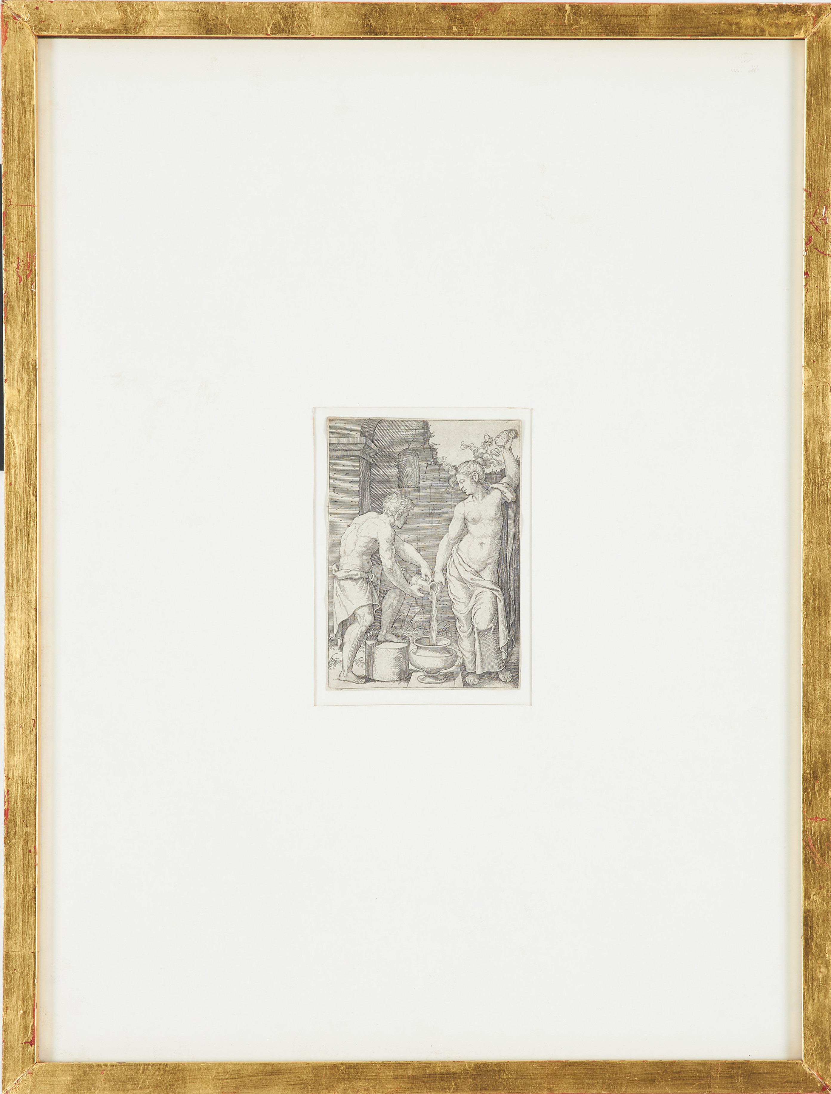 MARCANTONIO RAIMONDI. Komposition med man som häller upp vatten, kopparstick.