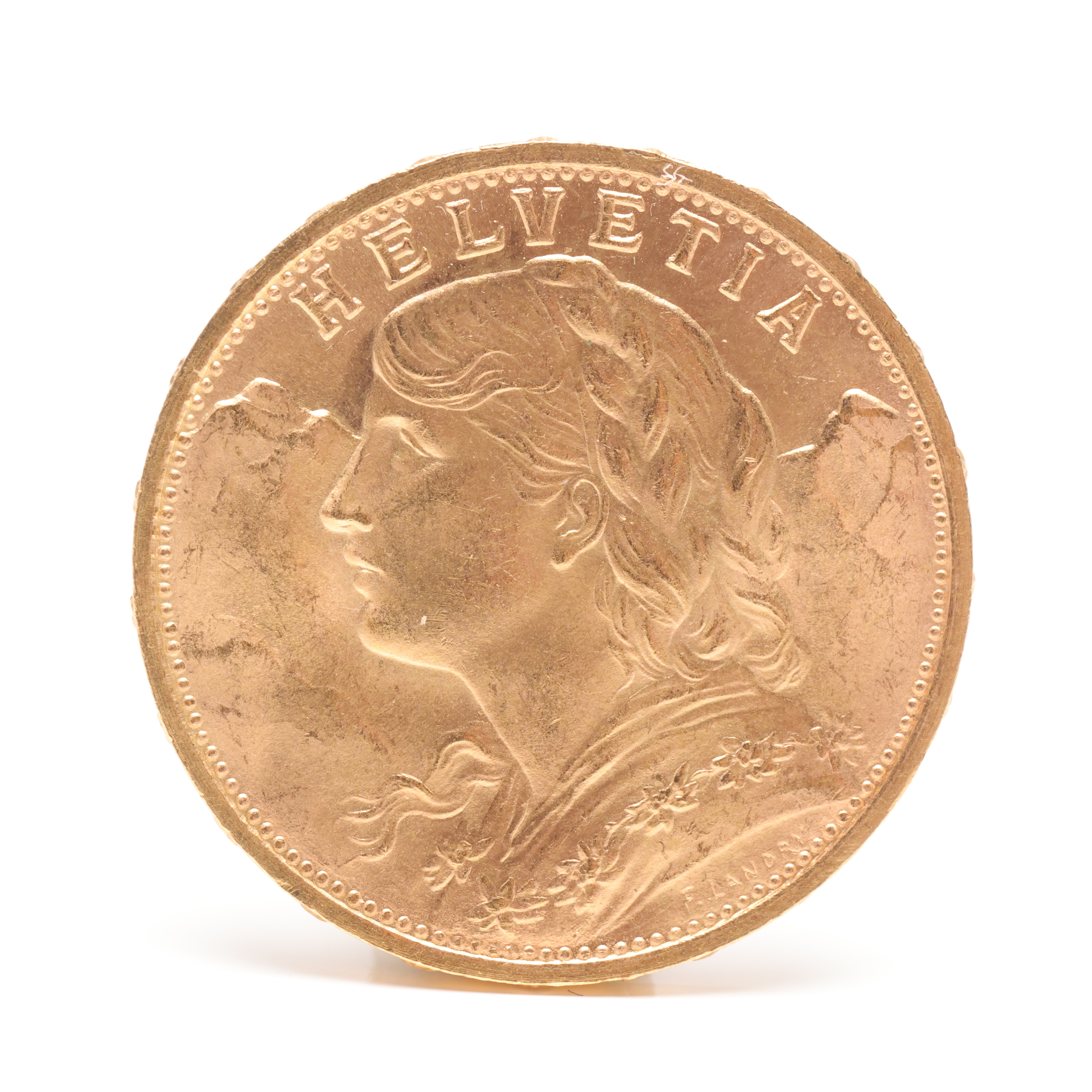MYNT, 21,6 k guld, 20 franc, Schweiz Helvetia, 1930.