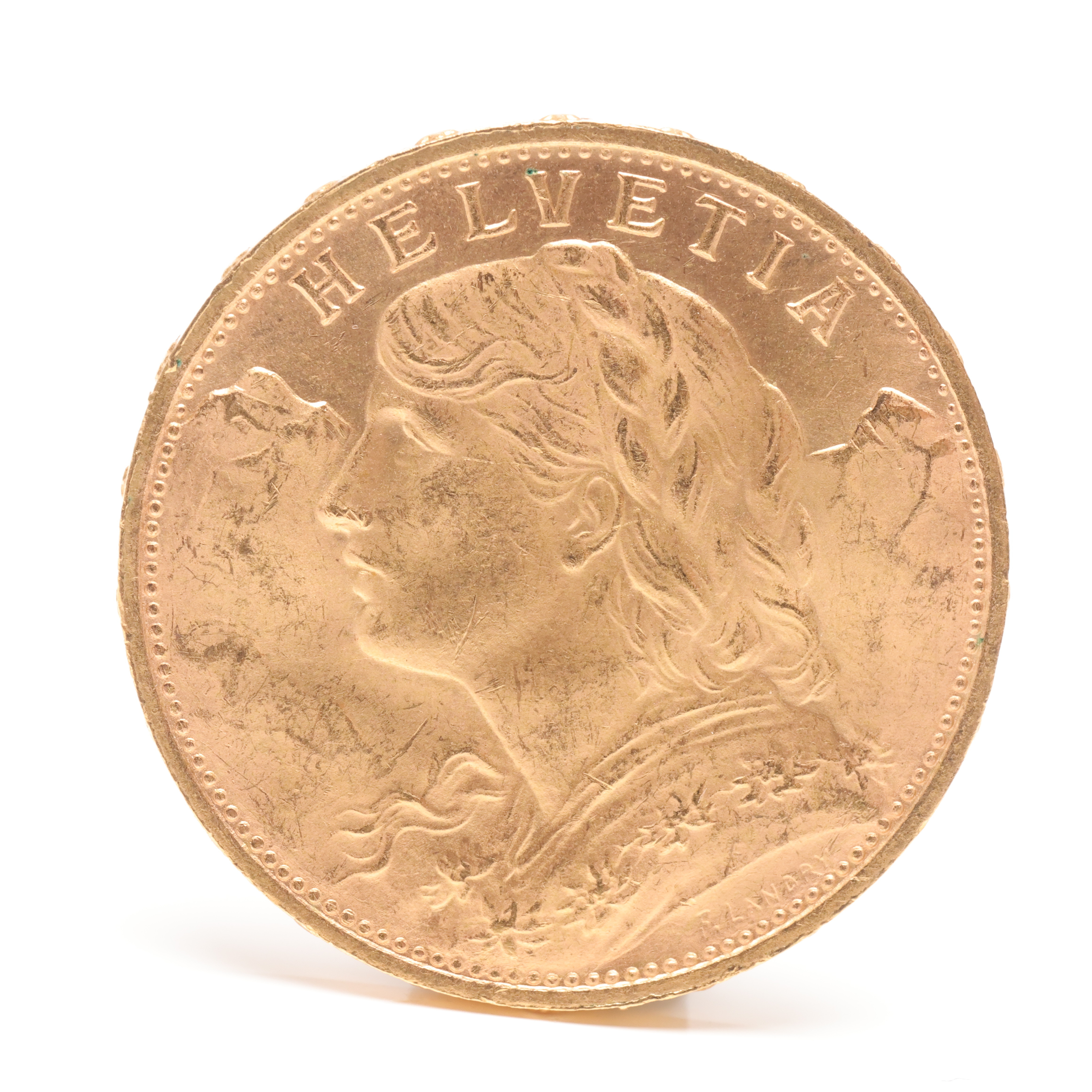 MYNT, 21,6 k guld, 20 franc, Schweiz Helvetia, 1930.