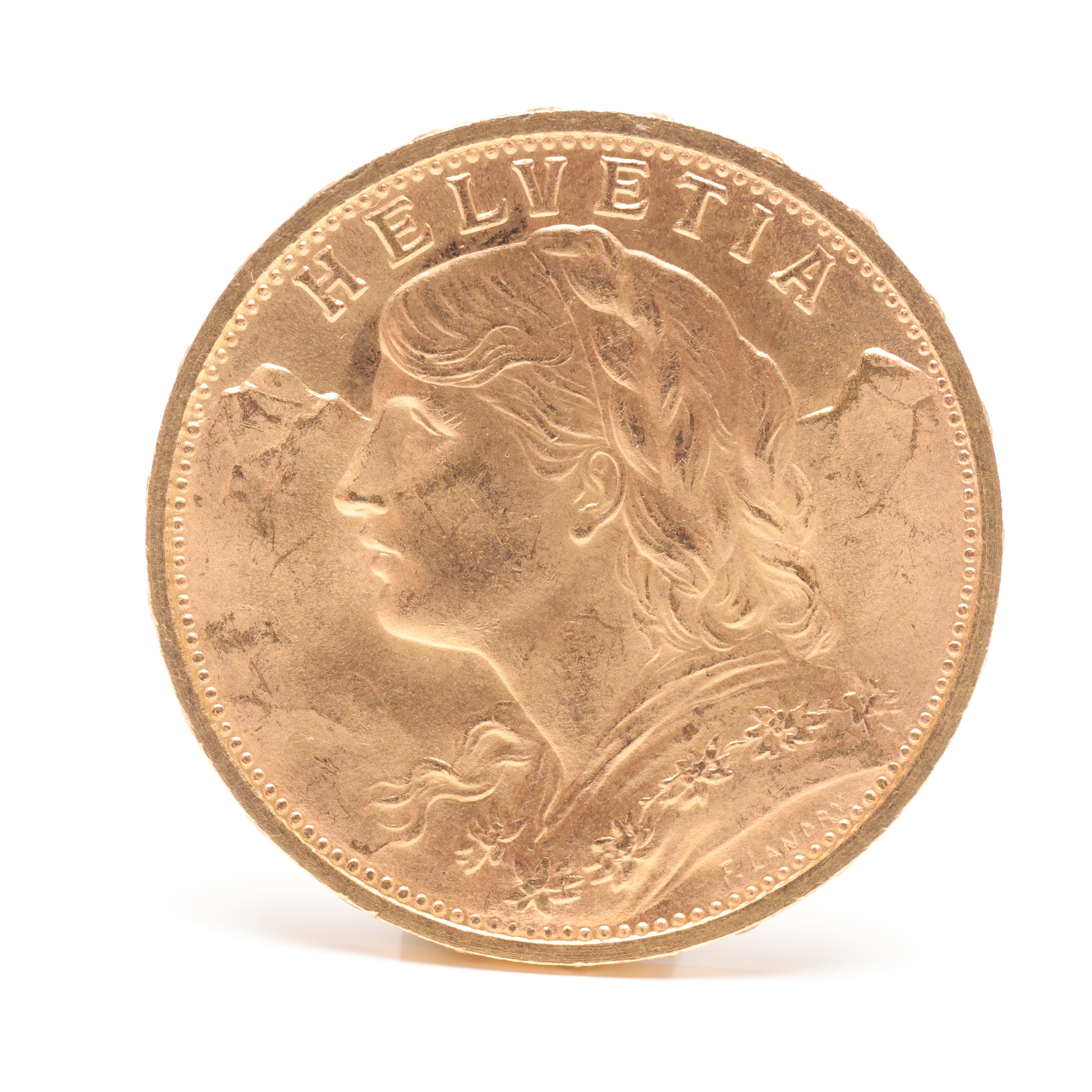 MYNT, 21,6 k guld, 20 franc, Schweiz Helvetia, 1930.