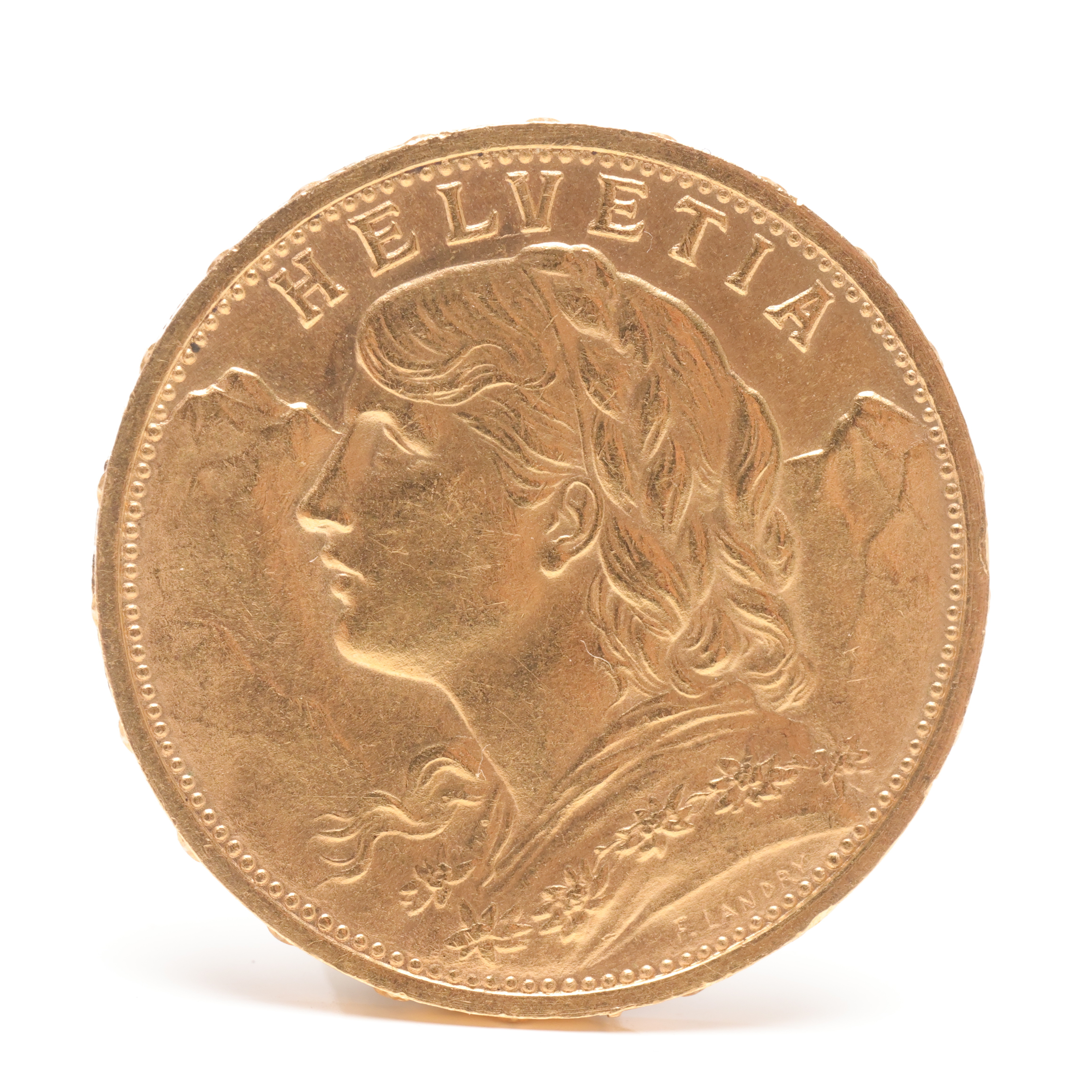 MYNT, 21,6 k guld, 20 franc, Schweiz Helvetia, 1930.