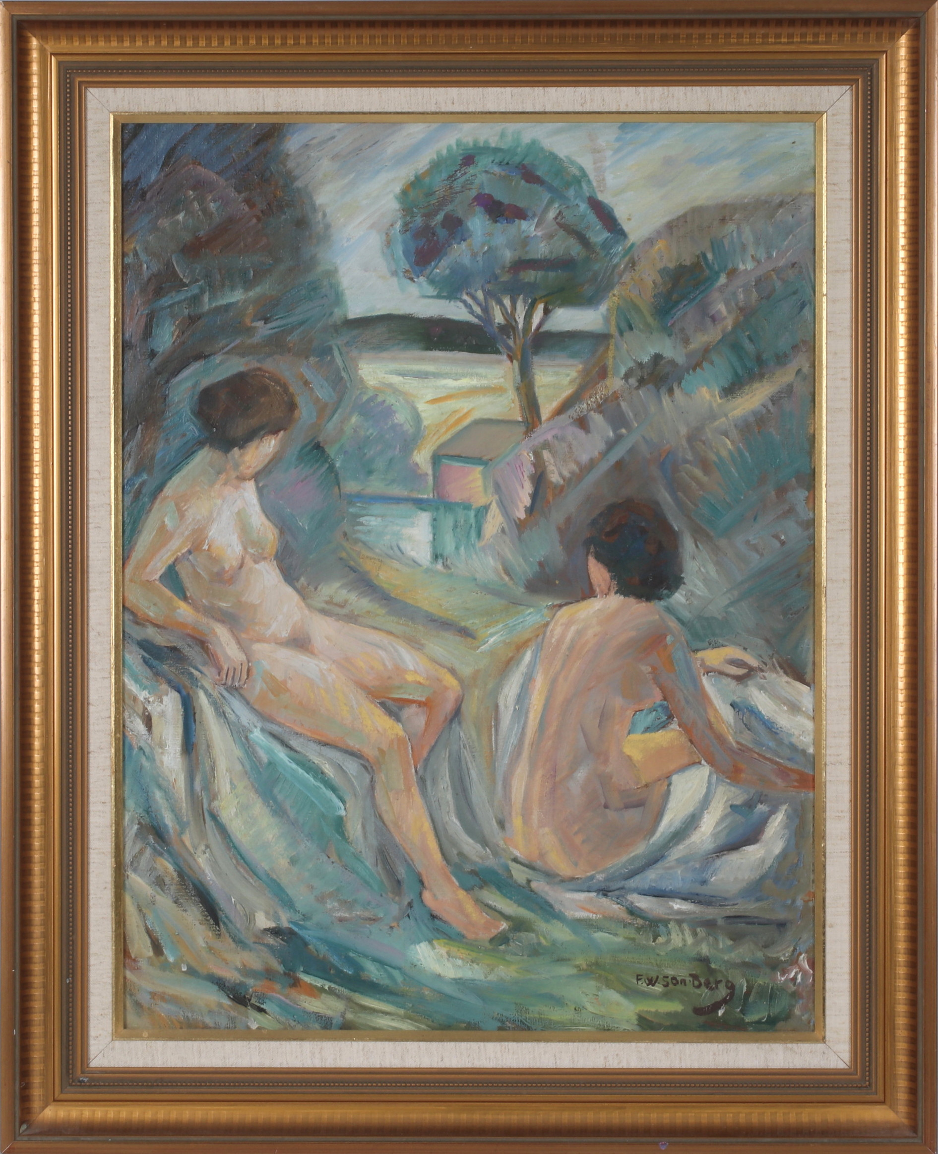 FOLKE WILHELMSSON BERG. Kvinnor i landskap, olja på duk, signerad.