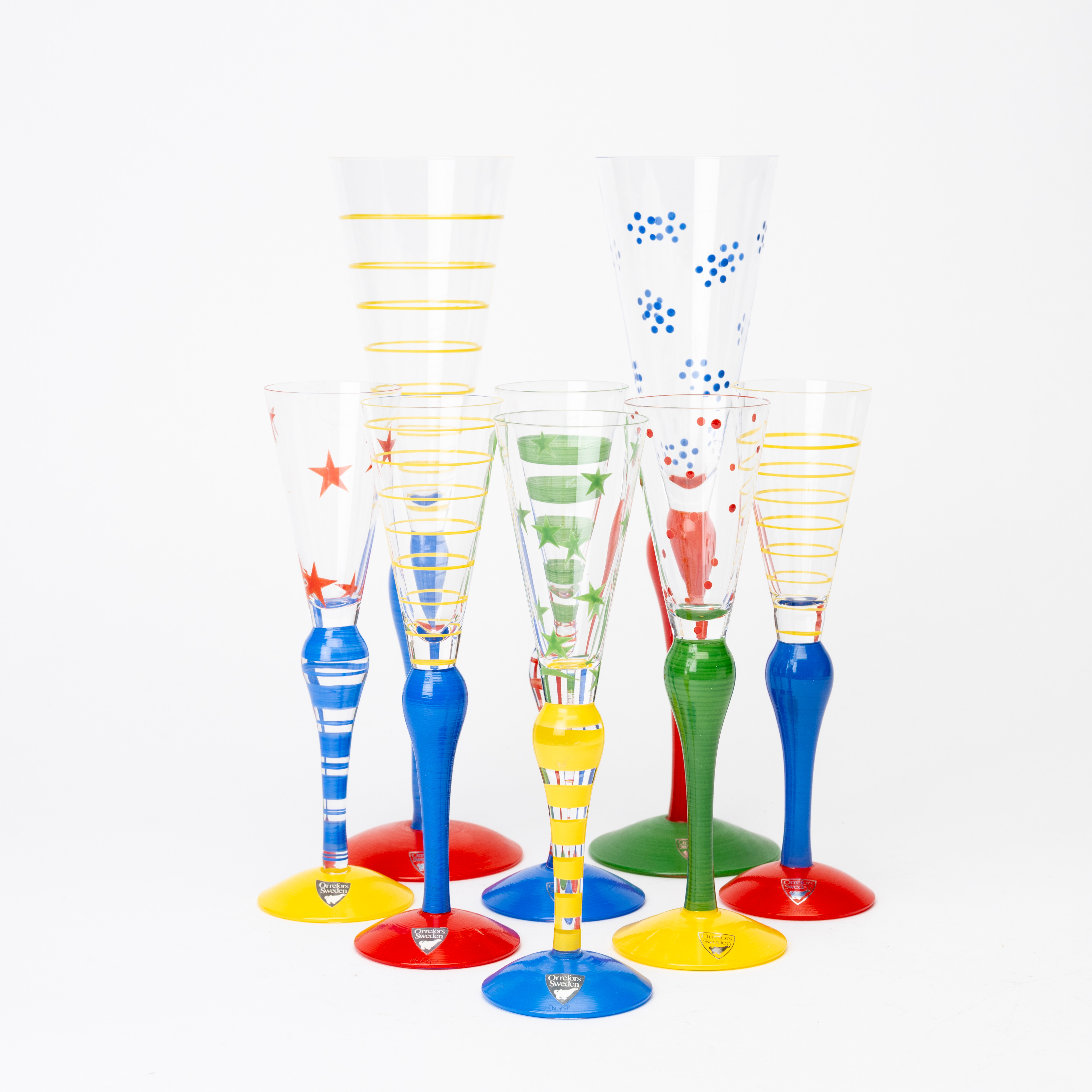 ANNE NILSSON. 2+6 st "Clown", champageglas samt snapsglas, Orrefors.