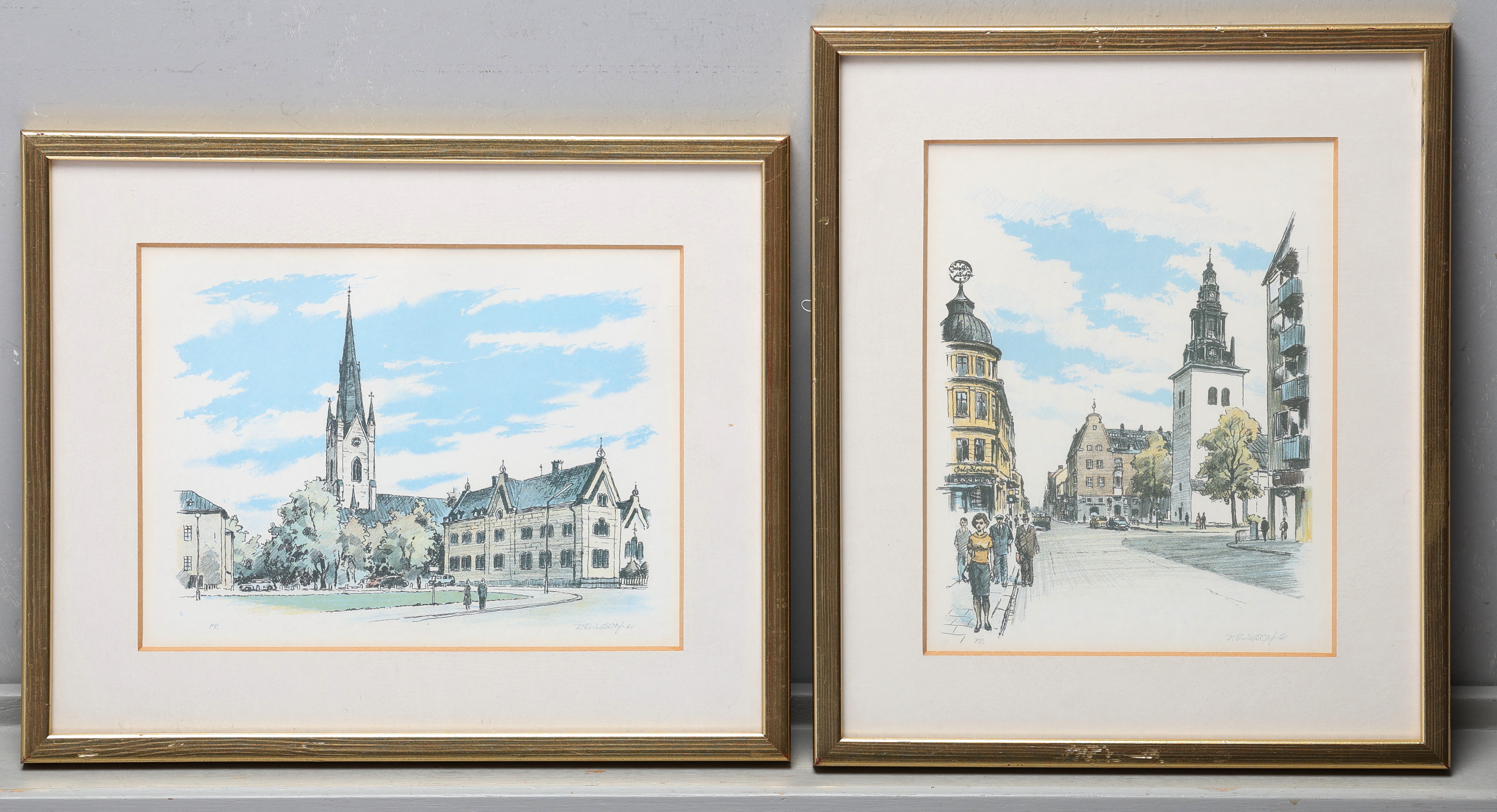 ROLF ERIKSSON. Färglitografier, 2 st, stadsmotiv, signerade, daterade 61, P.R.