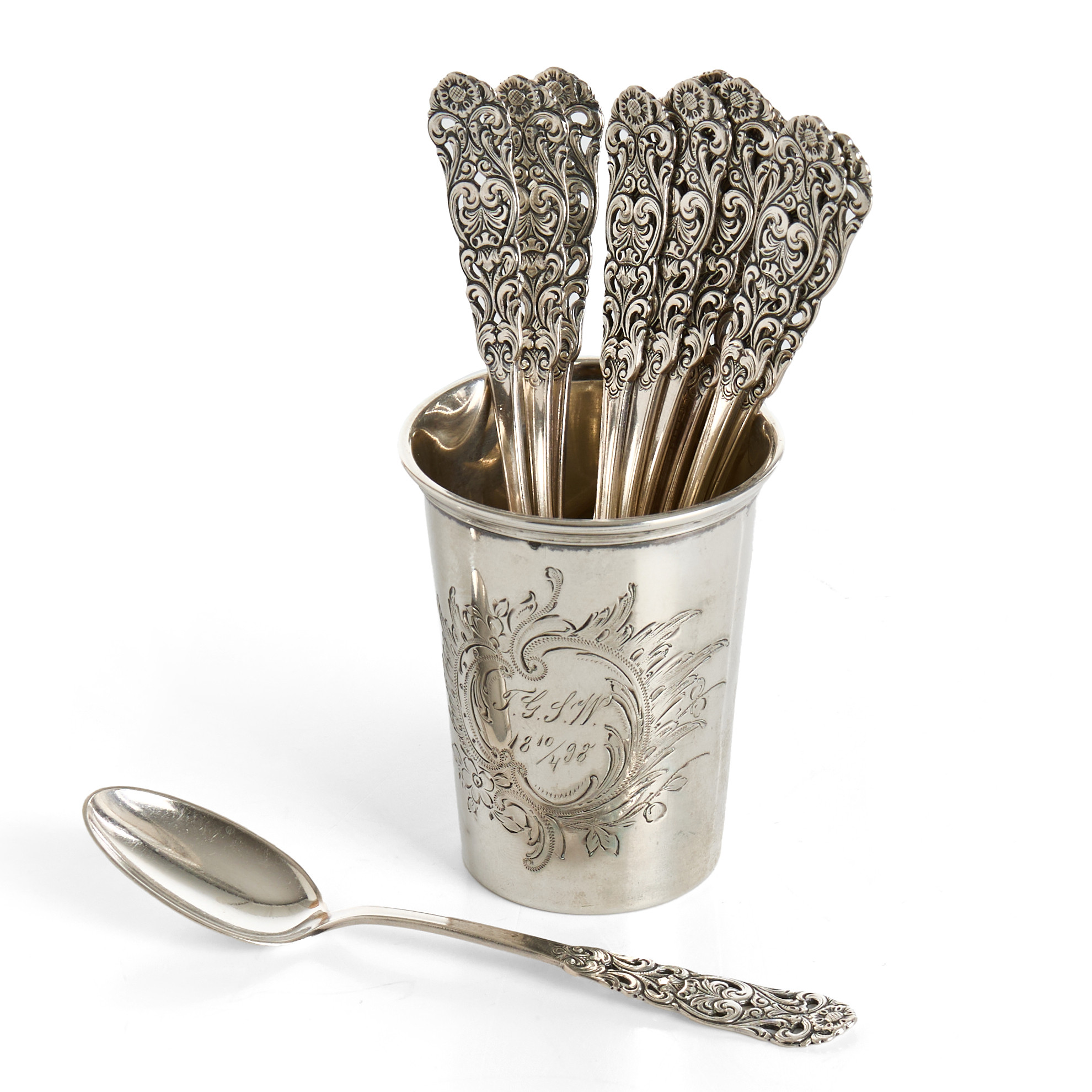 SKEDAR, 12 st, silver, Norge & BÄGARE, silver, svensk kontrollstämpel, daterad 1898 i gravyr.