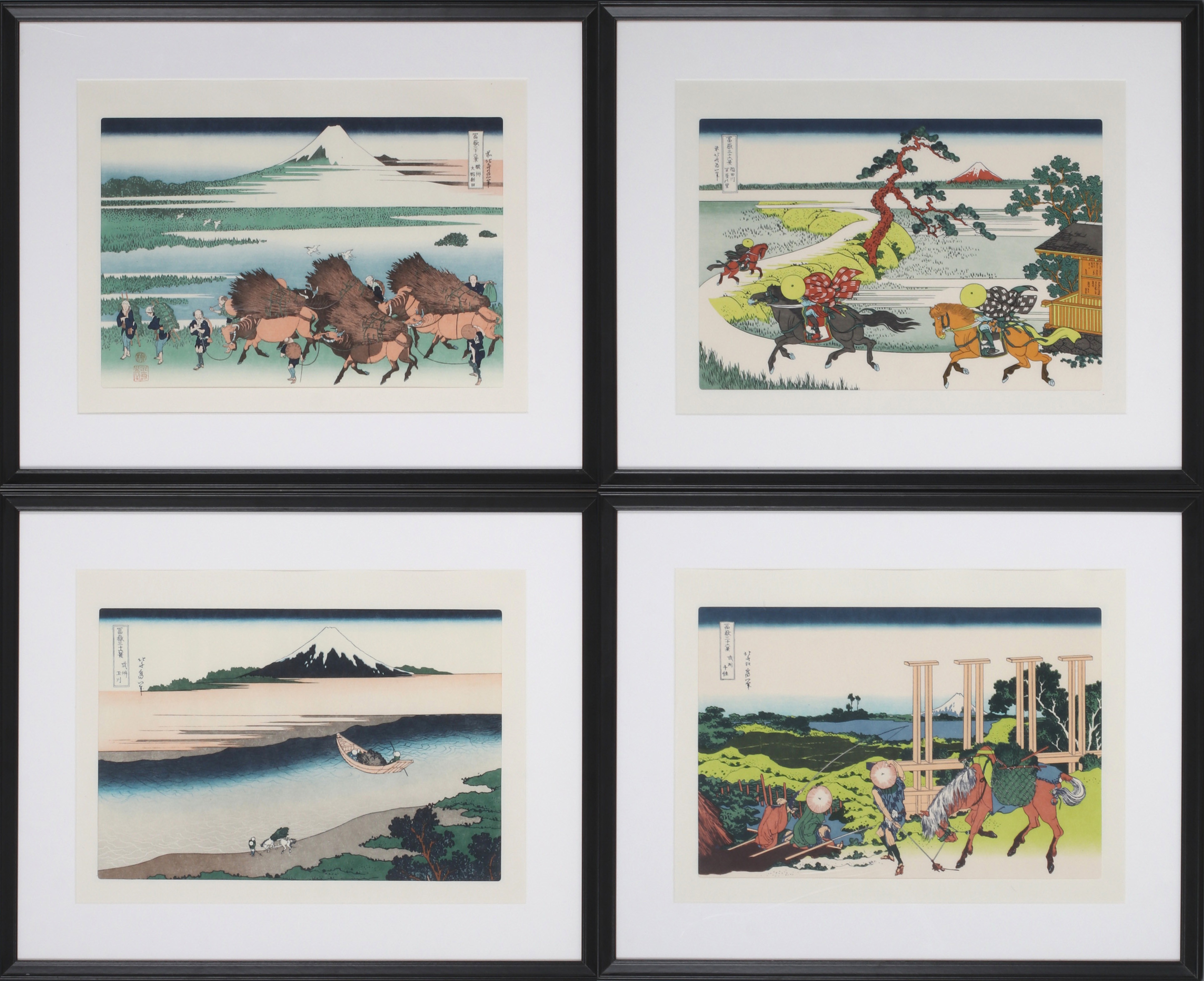 HOKOSAI. Kompositioner, 4 st, träsnitt, signerade.