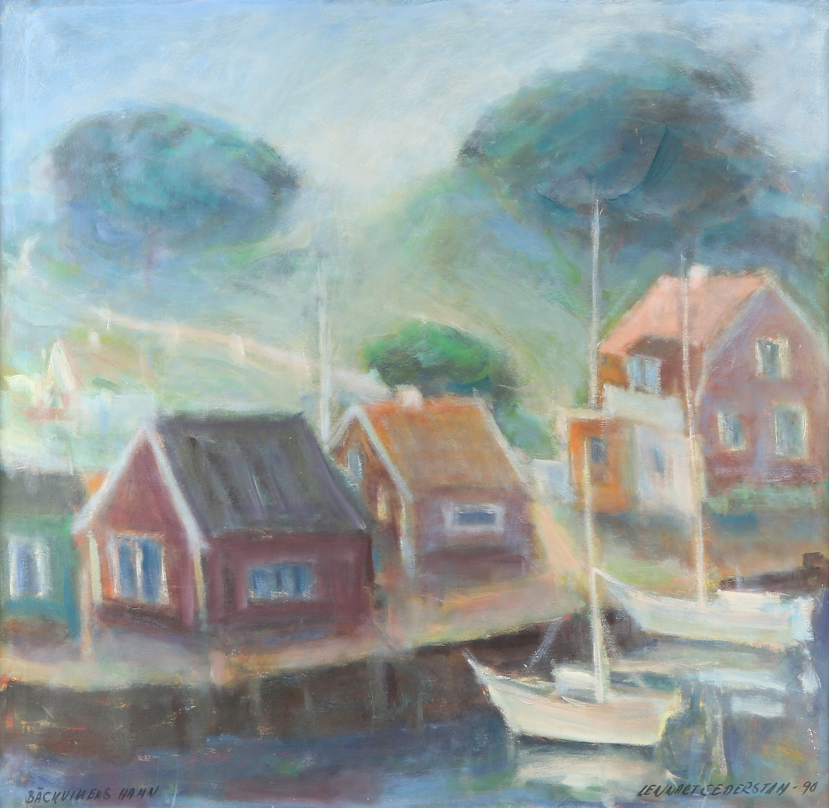 LENNART CEDERSTAM. Oljemålning på duk. "Bäckvikens Hamn". Signerad.