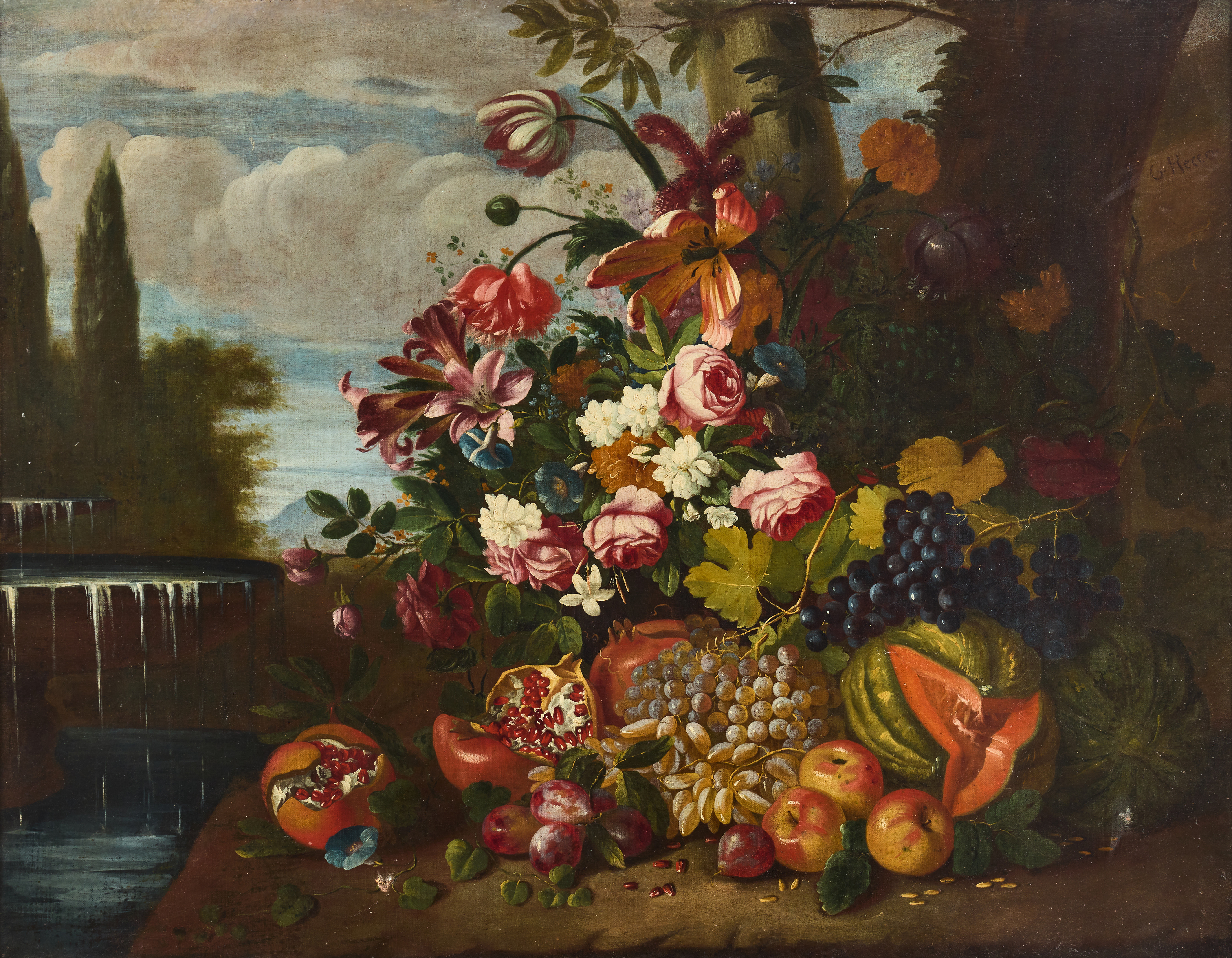 ITALIENSK SKOLA, 17/1800-TAL. Stilleben med frukt och blommor.