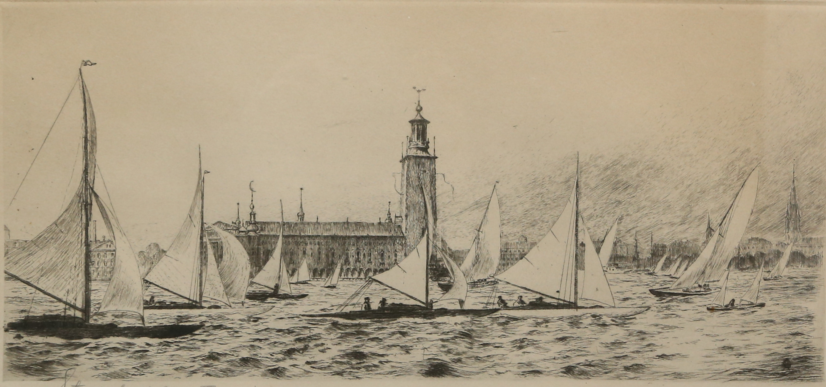 GERHARD ALBE. Etsning, "Stadshusregattan", signerad och daterad 1923.