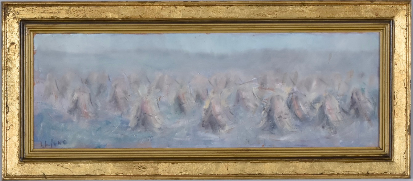 LENNART LJUNG. oljemålning på pannå, "Skylar i vårdis".