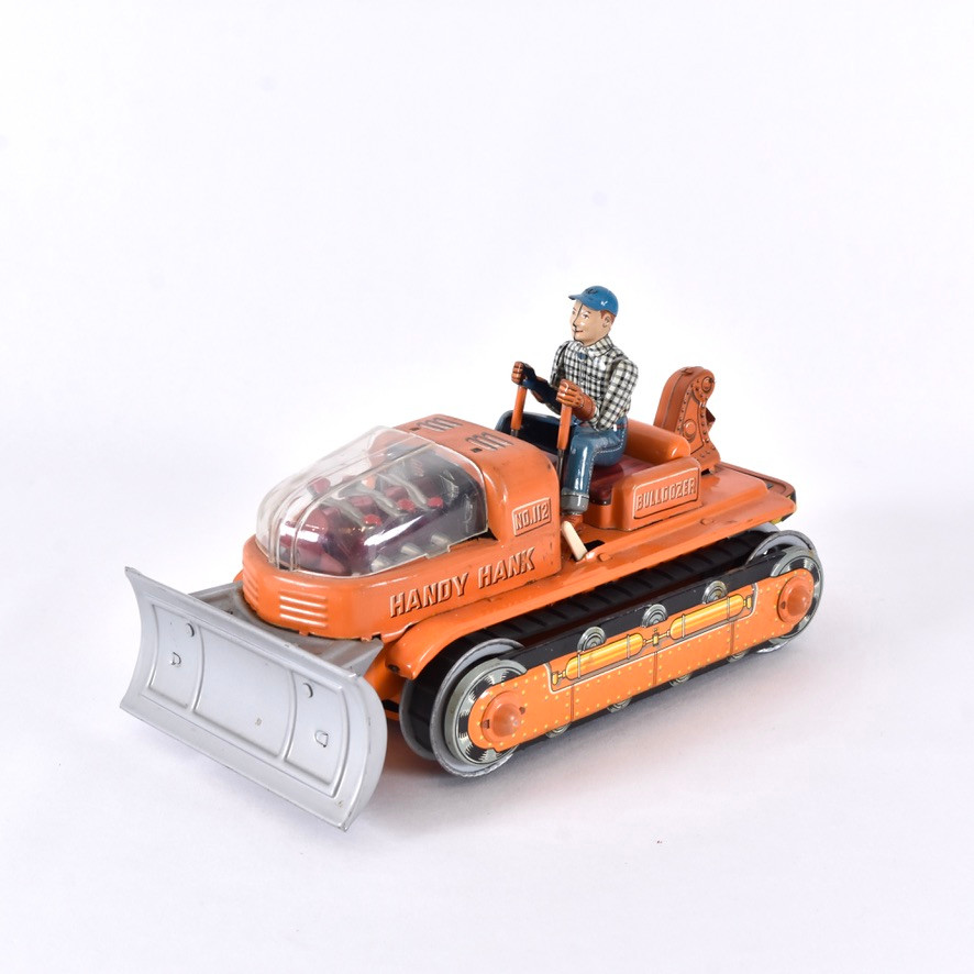 LEKSAK, litograferad plåt, TN Numora Toys, bulldozer Handy Hank, batteri, Japan.