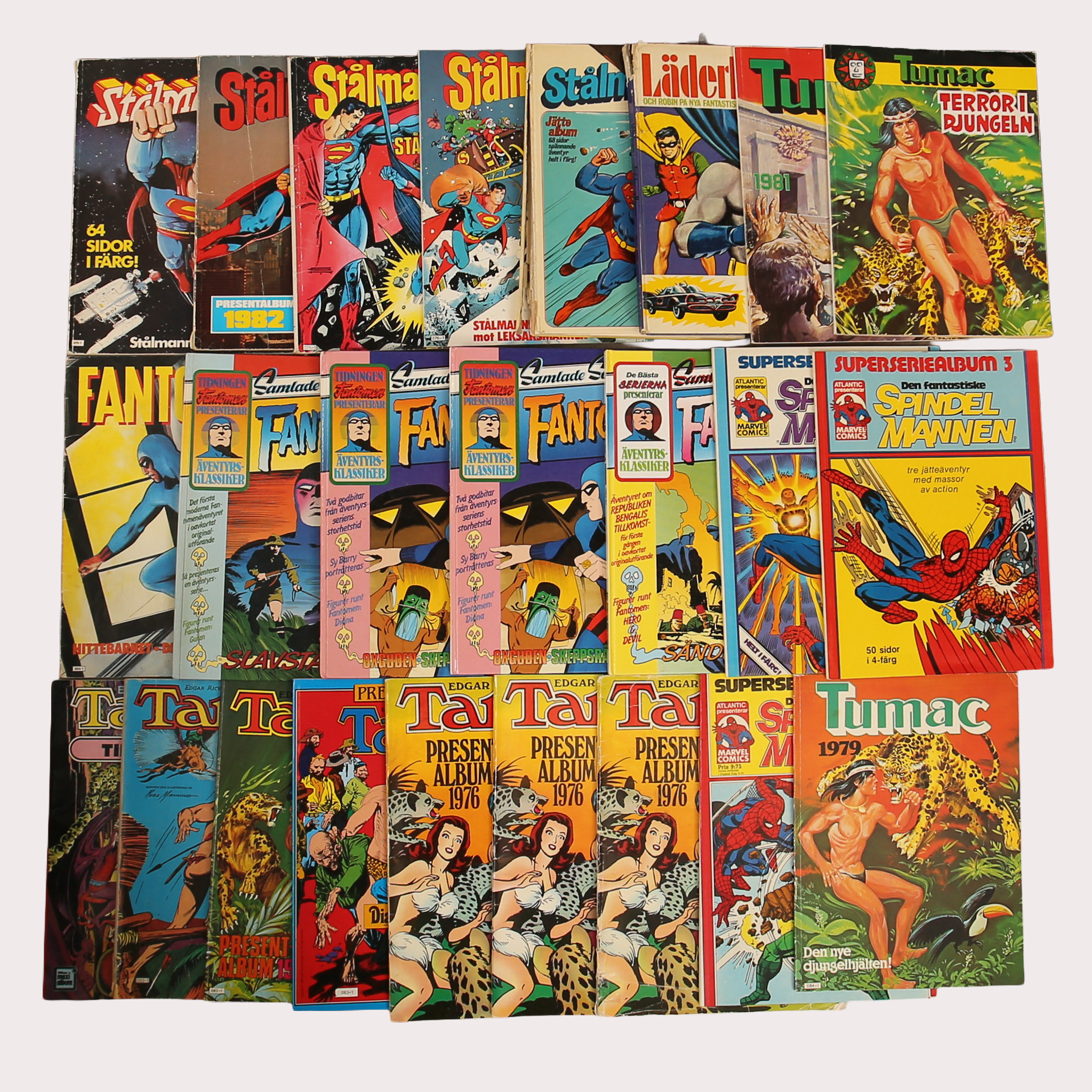 SERIE MAGASIN/ALBUM, Stålmannen, Läderlappen, Fantomen, Tarzan mm, 1970/80-tal.