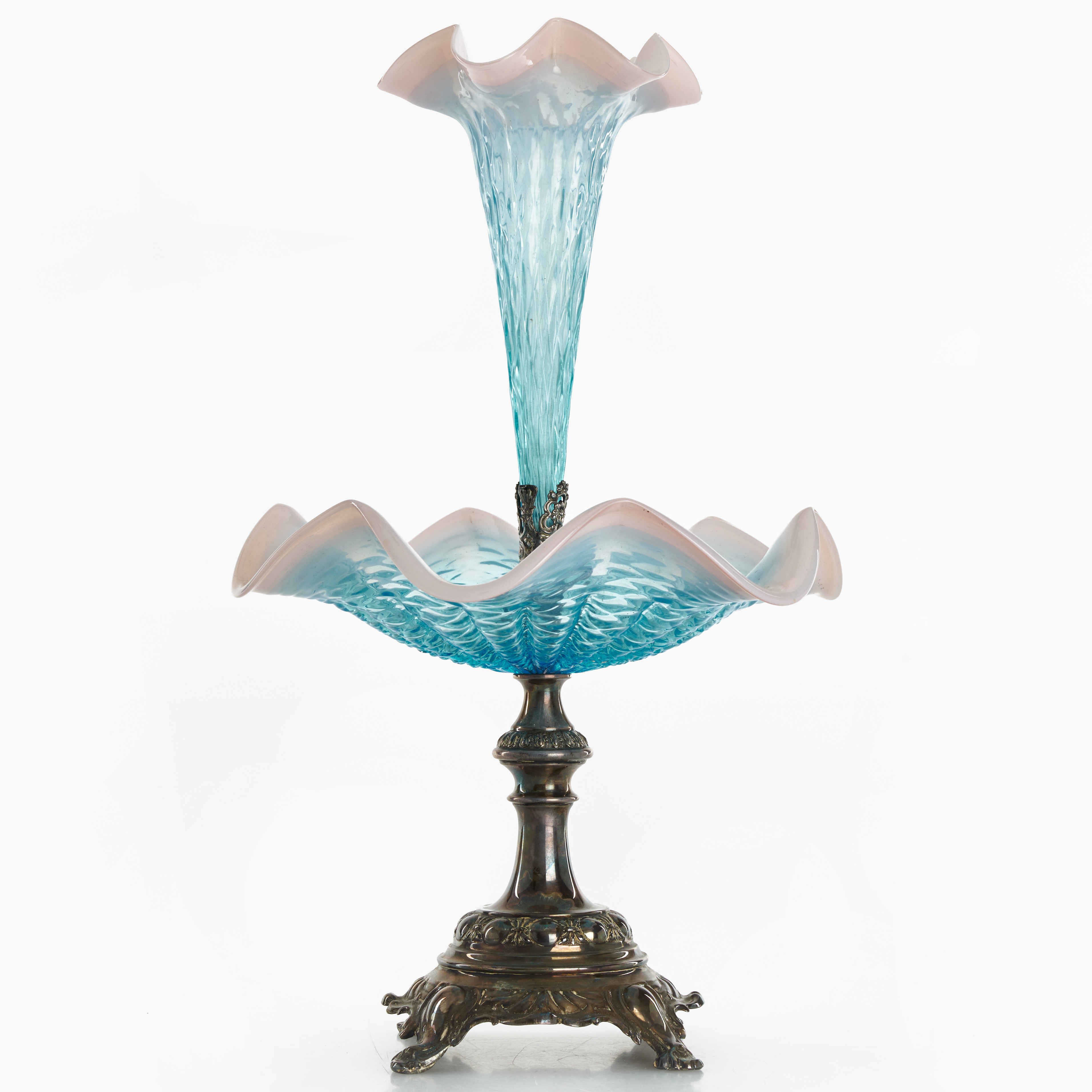 BORDSUPPSATS, nysilver, blåtonat optikblåst glas, 18/1900-tal.