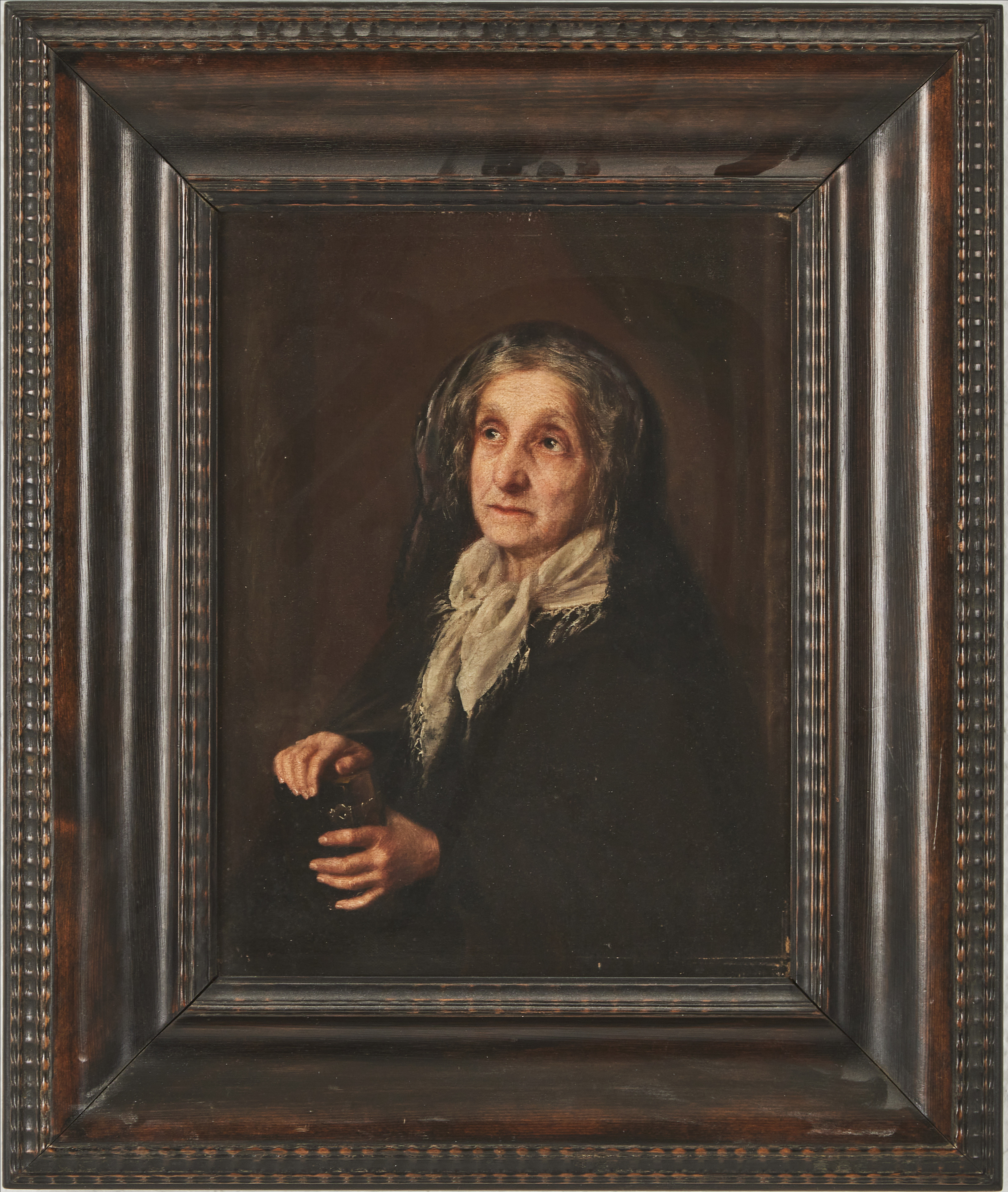 OKÄND KONSTNÄR, 1800-talets andra hälft, dam med vit sjal, oljemålning på duk.
