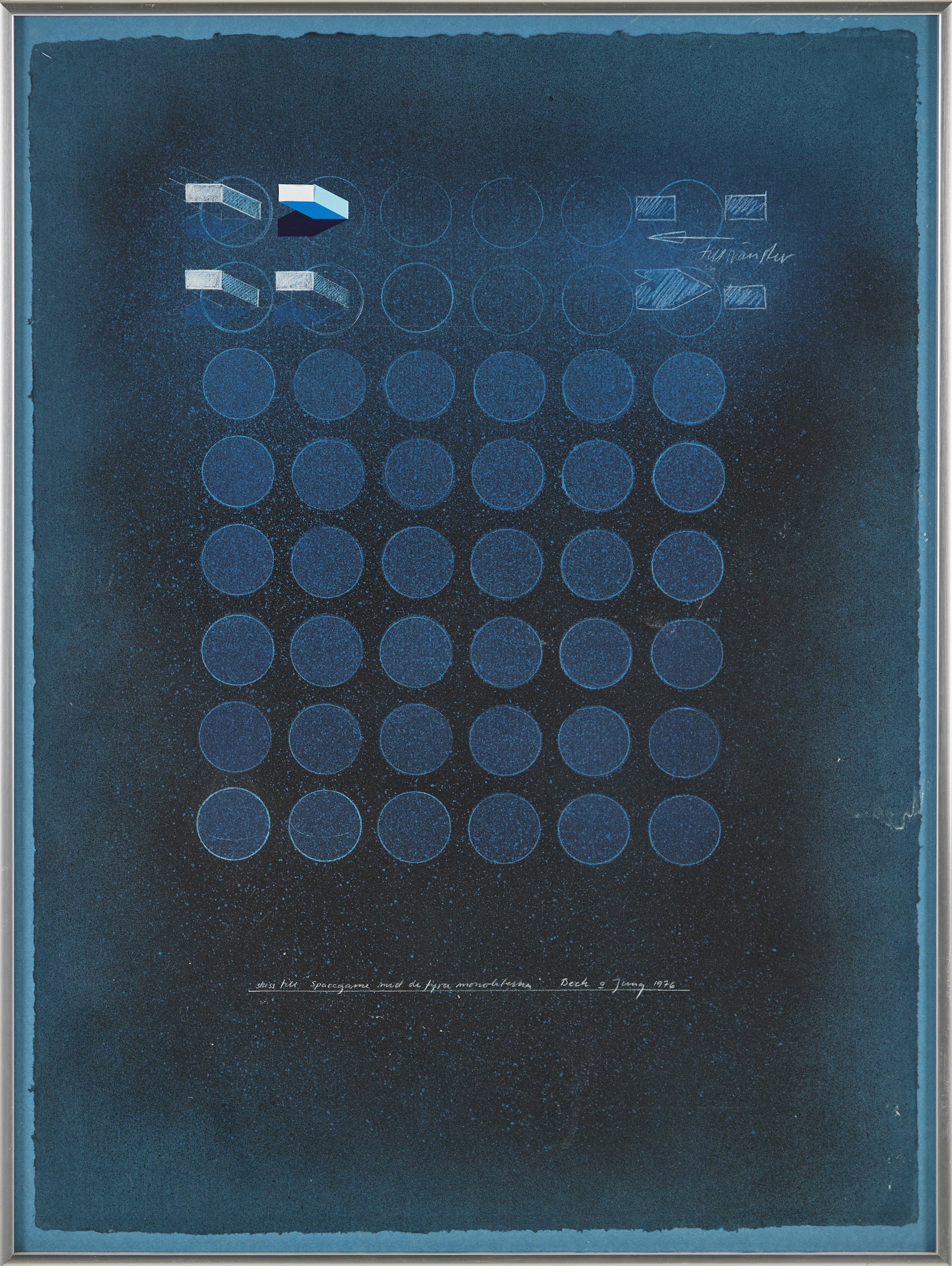 BECK & LJUNG. (Holger Bäckström & Bo Ljungberg), " Skiss till spacegame med de fyra monoliterna", blandteknik signerad, 1976.