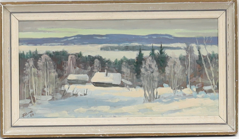 FOLKE PARS. Vinterlandskap med stuga, signerad och daterad 59, oljemålning på pannå.