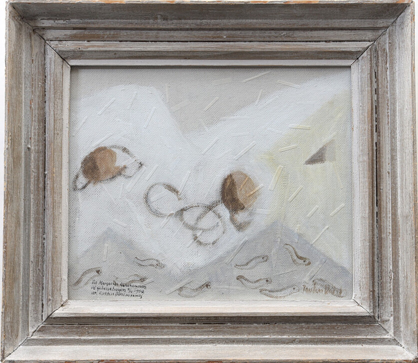 TORSTEN DAHL. Snömaskar" Oljemålning/collage, signerad, med dedikation.