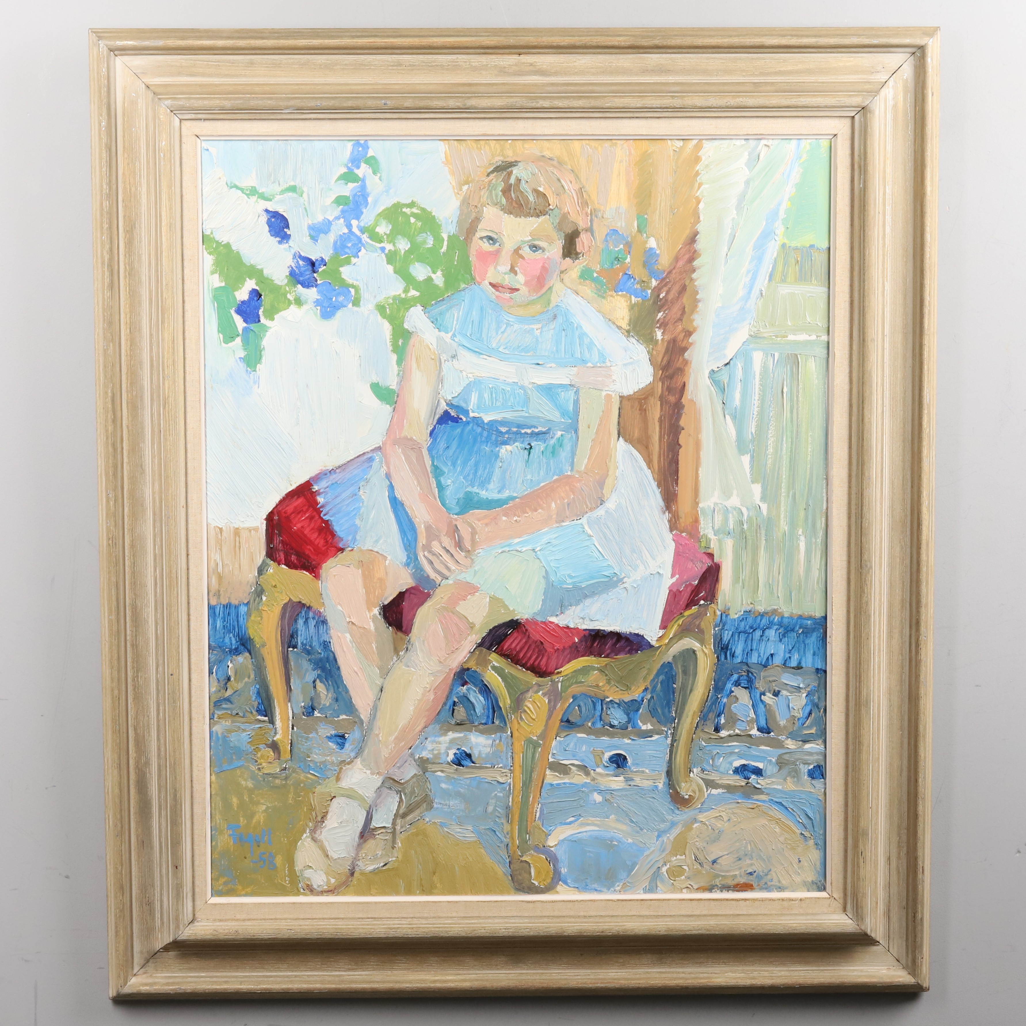 OIDENTIFIERAD KONSTNÄR. OLJA PÅ PANNÅ, Porträtt av flicka, signerad & daterad -58.