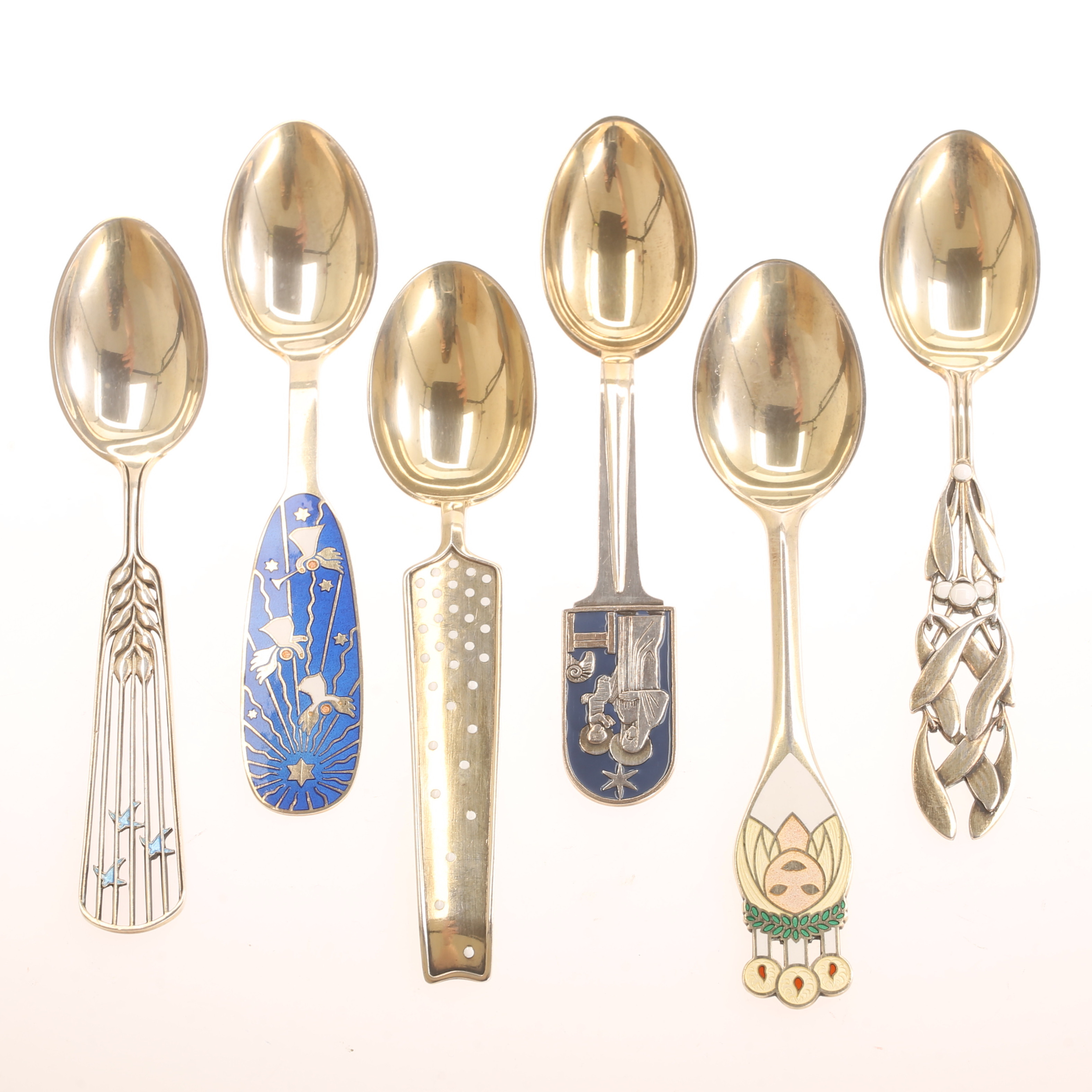 ANTON MICHELSEN. Julskedar, 6 stycken, sterlingsilver, emaljerade, Danmark.