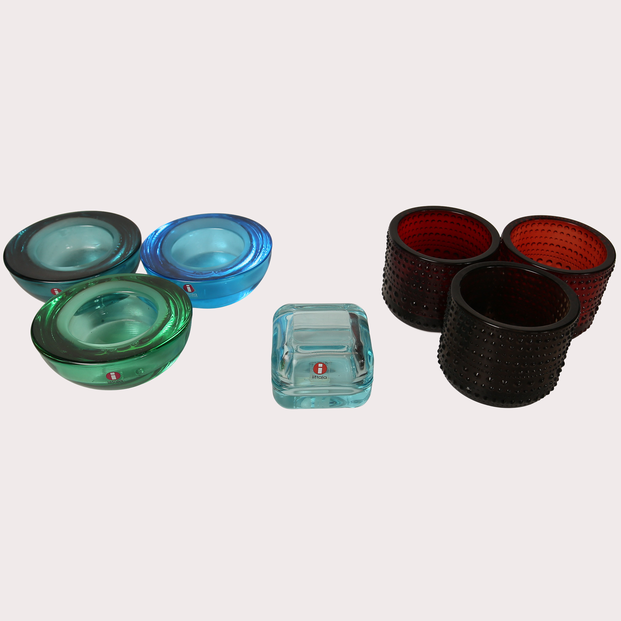 LJUSLYKTOR, glas, "Ballo" och "Kastehelmi" Iittala Finland, 6 stycken samt lockask Vitriini.