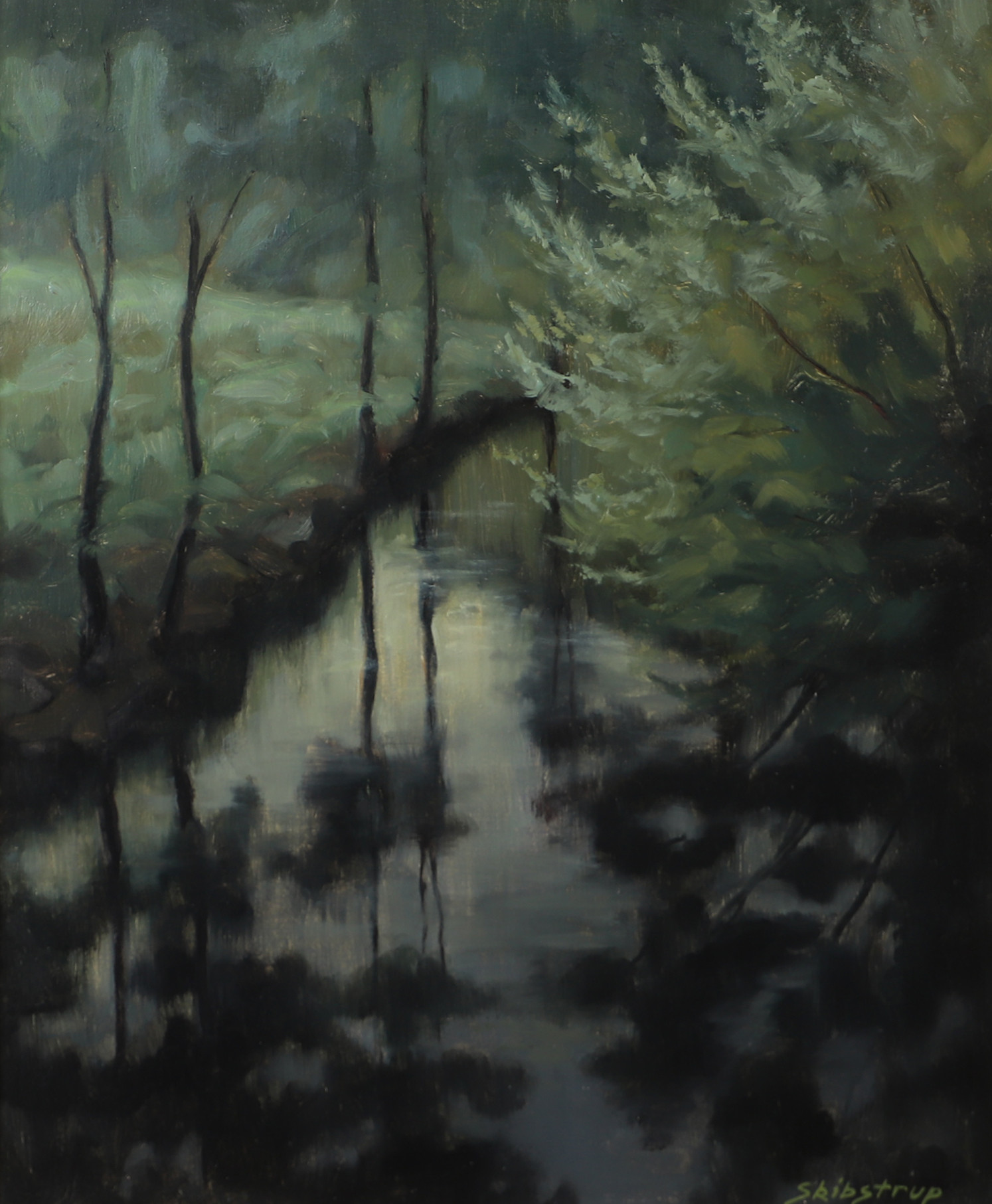 OLE SKIBSTRUP. Landskap med vattendrag, olja på pannå, signerad Skibstrup.