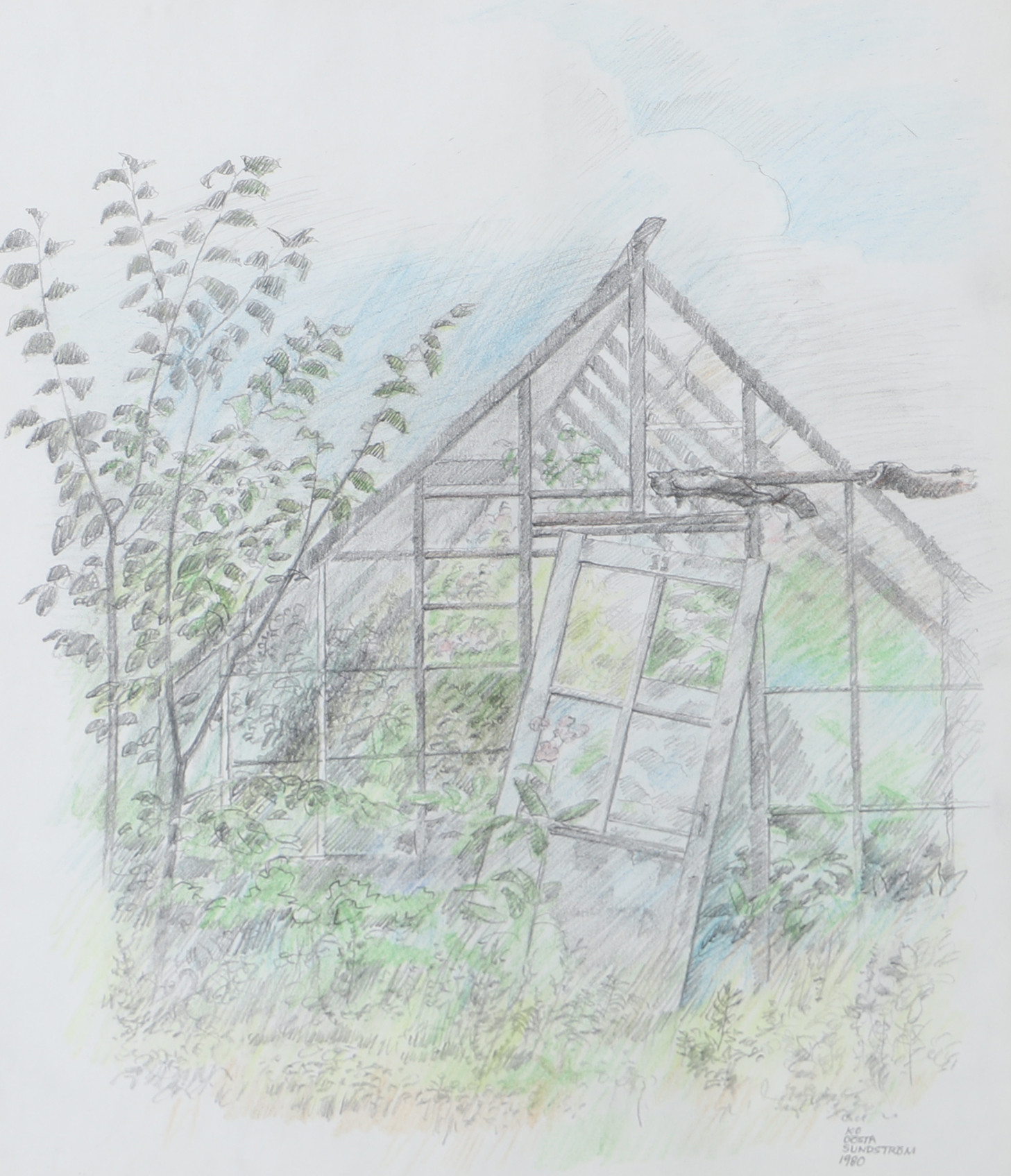 GÖSTA SUNDSTRÖM. Växthus, teckning, signerad 1980.