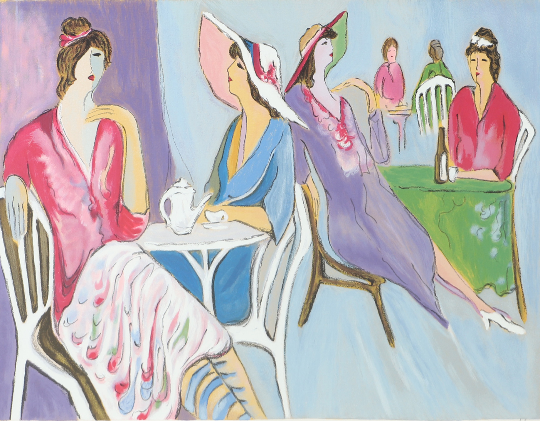 OIDENTIFIERAD KONSTNÄR. Kvinnor på uteservering, färglitografi, otydligt signerad.