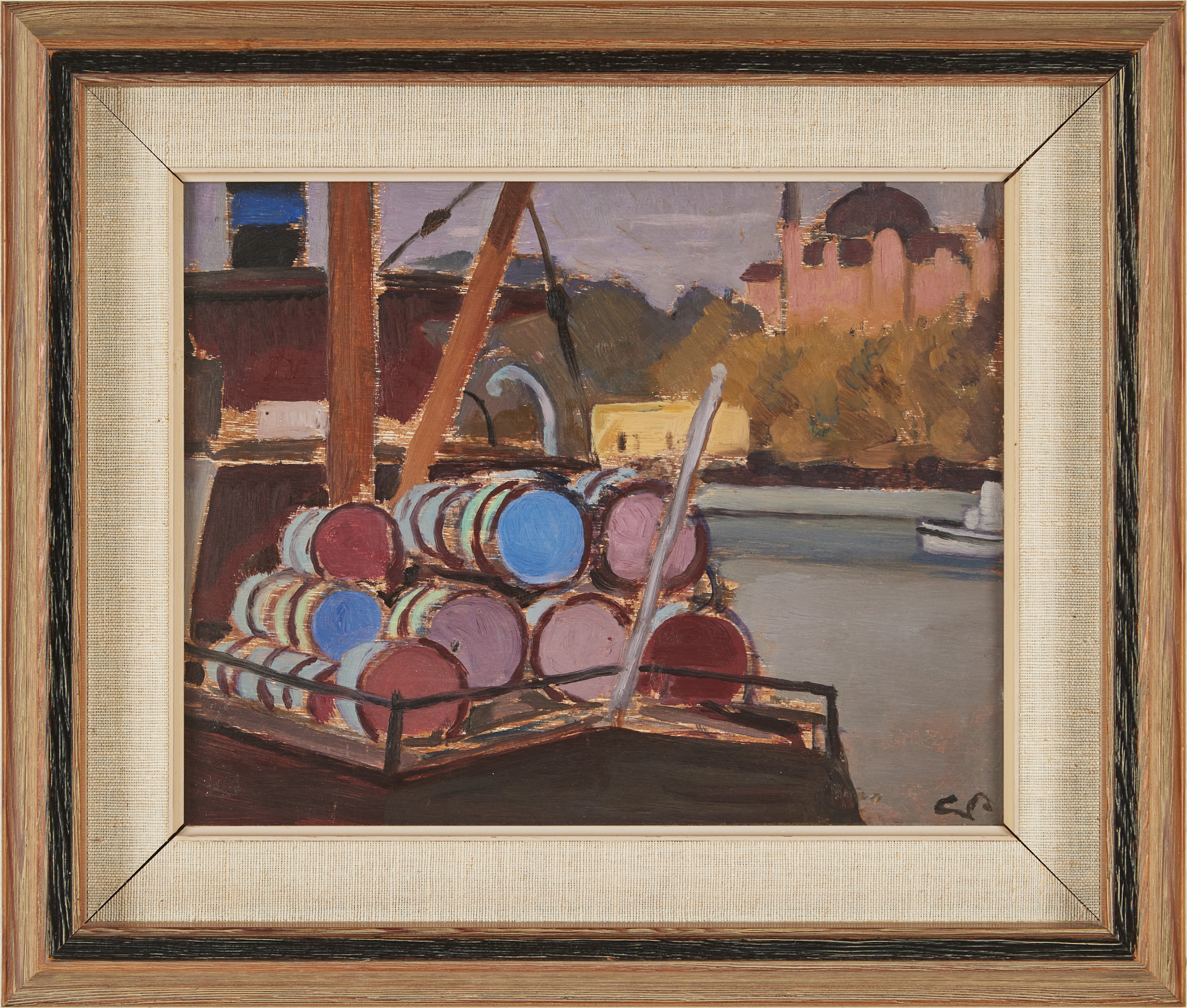 GEORG PAULI. Lastskuta vid Stockholmskaj, olja på pannå, monogramsignerad GP.