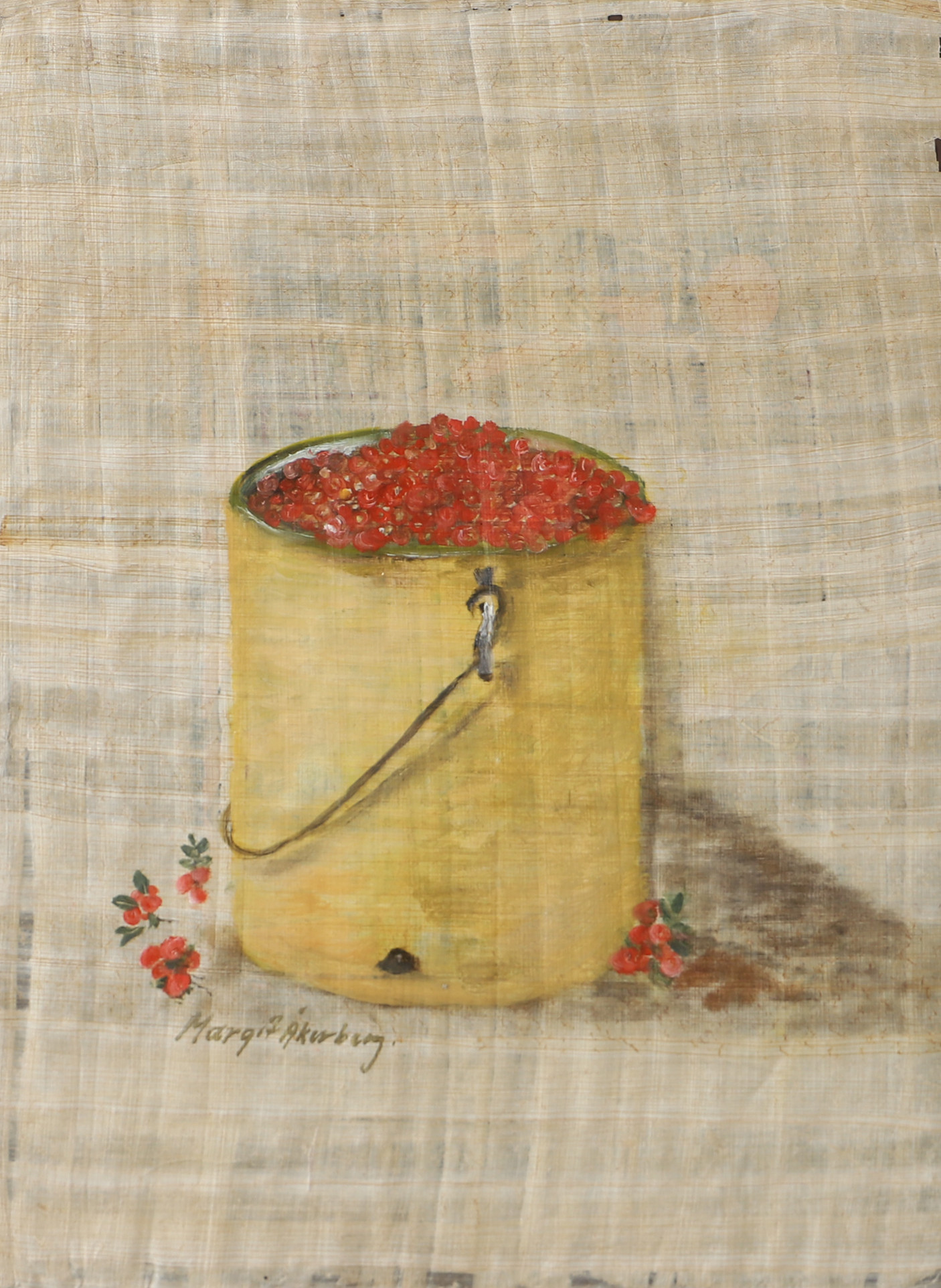 MARGIT ÅKERBERG. Hink med lingon, blandteknik, signerad.